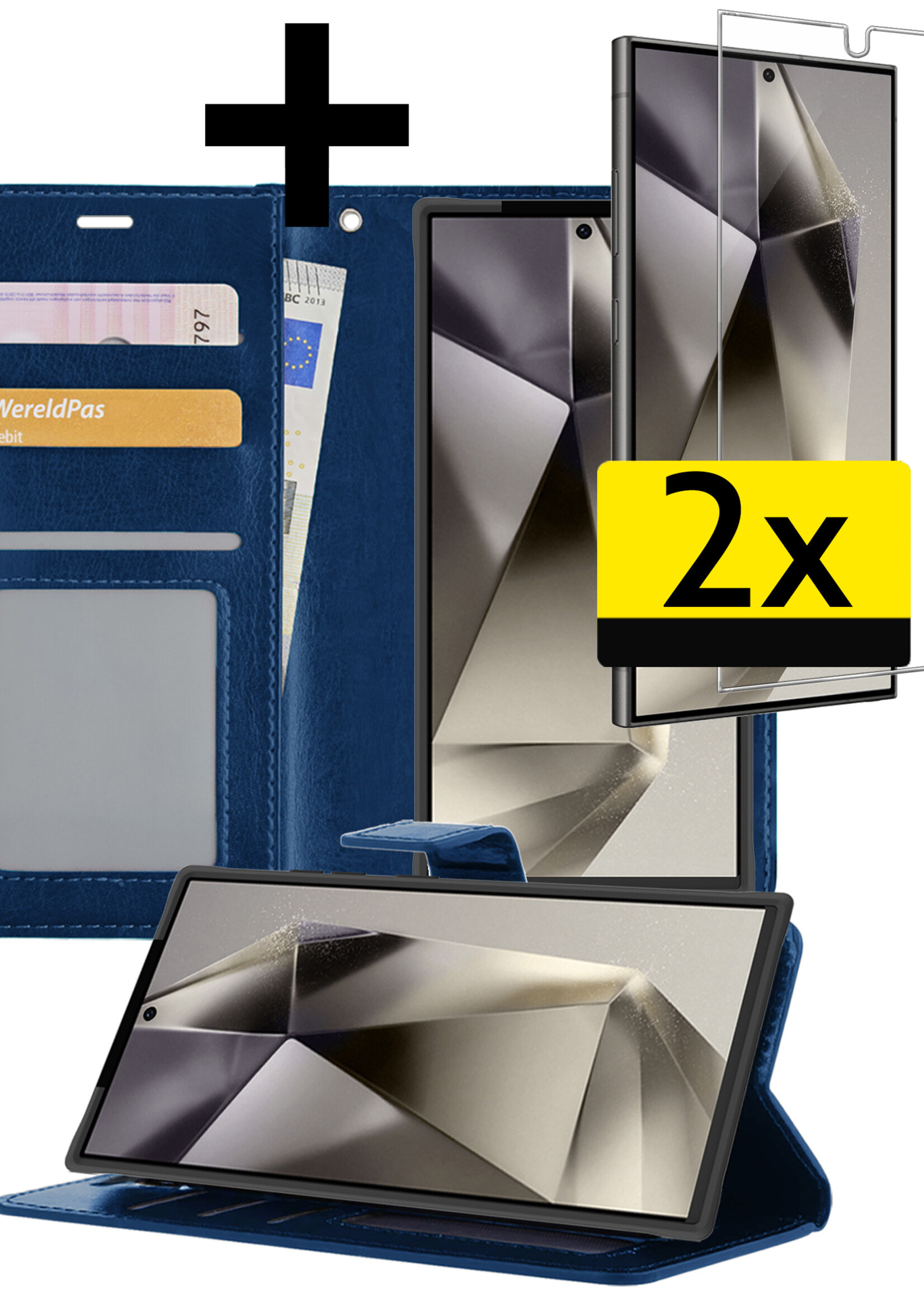 LUQ Hoesje Geschikt voor Samsung S24 Ultra Hoesje Book Case Hoes Wallet Cover Met 2x Screenprotector - Hoes Geschikt voor Samsung Galaxy S24 Ultra Hoesje Bookcase Hoes - Donkerblauw
