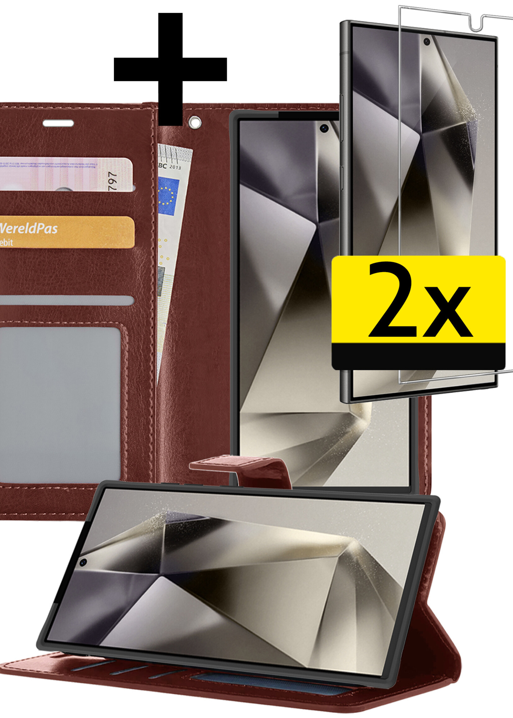 LUQ Hoesje Geschikt voor Samsung S24 Ultra Hoesje Book Case Hoes Wallet Cover Met 2x Screenprotector - Hoes Geschikt voor Samsung Galaxy S24 Ultra Hoesje Bookcase Hoes - Bruin