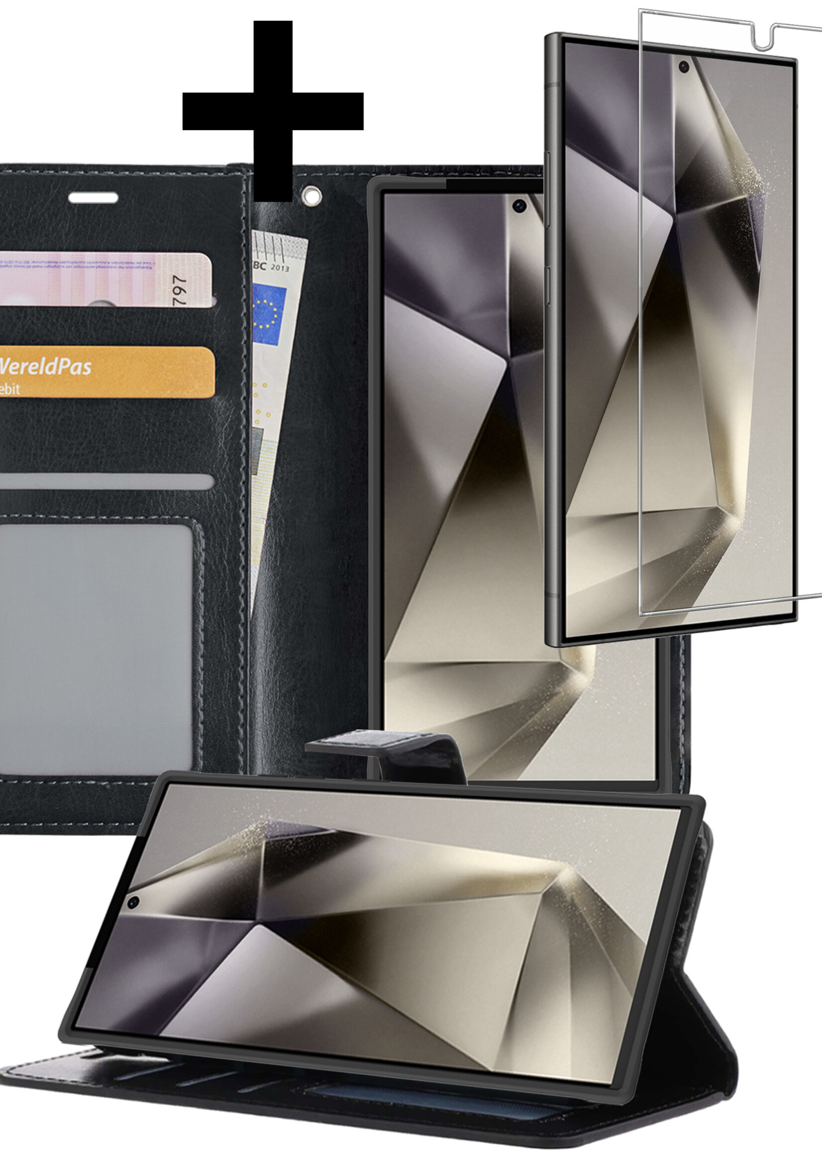 LUQ Hoesje Geschikt voor Samsung S24 Ultra Hoesje Book Case Hoes Wallet Cover Met Screenprotector - Hoes Geschikt voor Samsung Galaxy S24 Ultra Hoesje Bookcase Hoes - Zwart