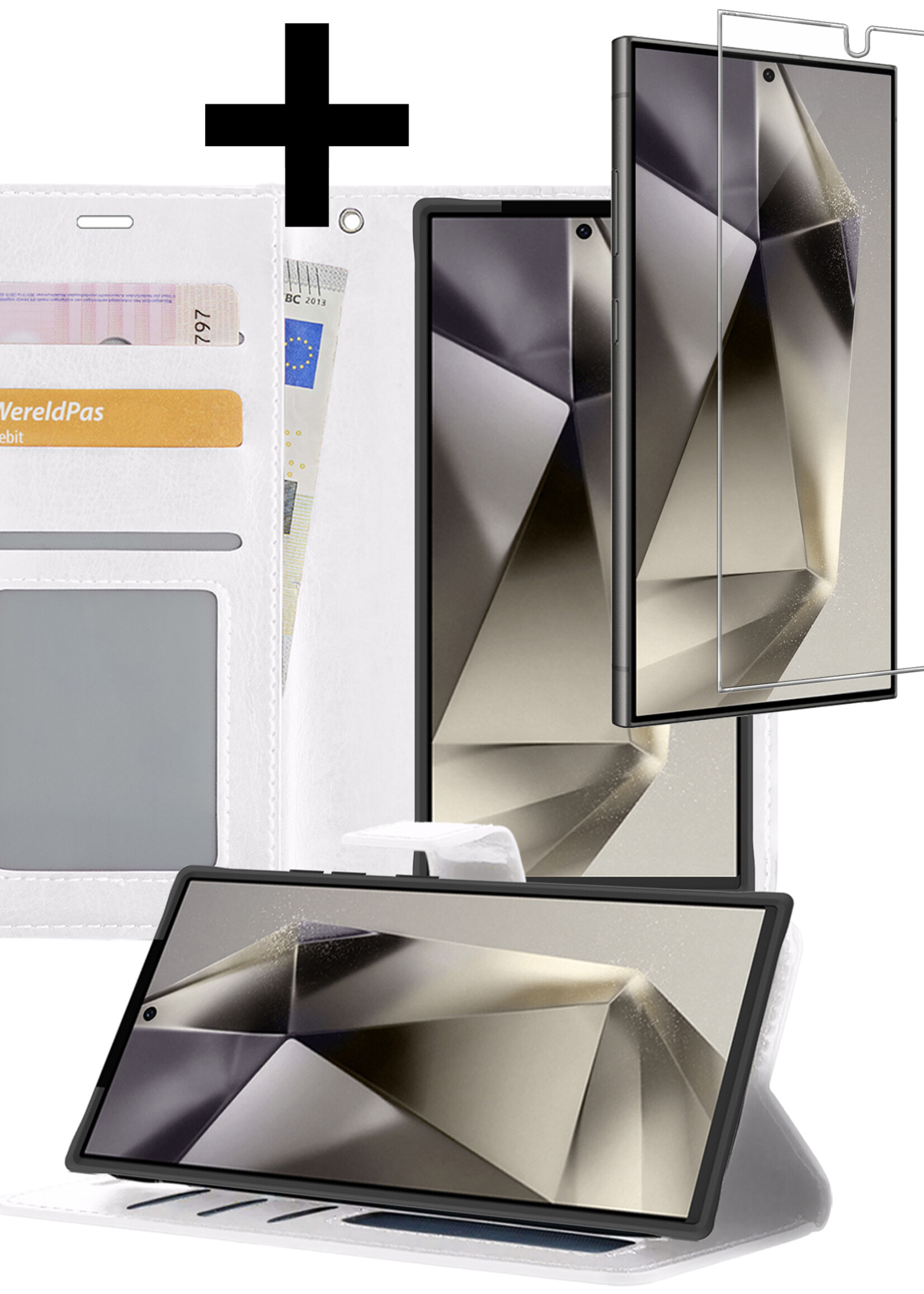 LUQ Hoesje Geschikt voor Samsung S24 Ultra Hoesje Book Case Hoes Wallet Cover Met Screenprotector - Hoes Geschikt voor Samsung Galaxy S24 Ultra Hoesje Bookcase Hoes - Wit