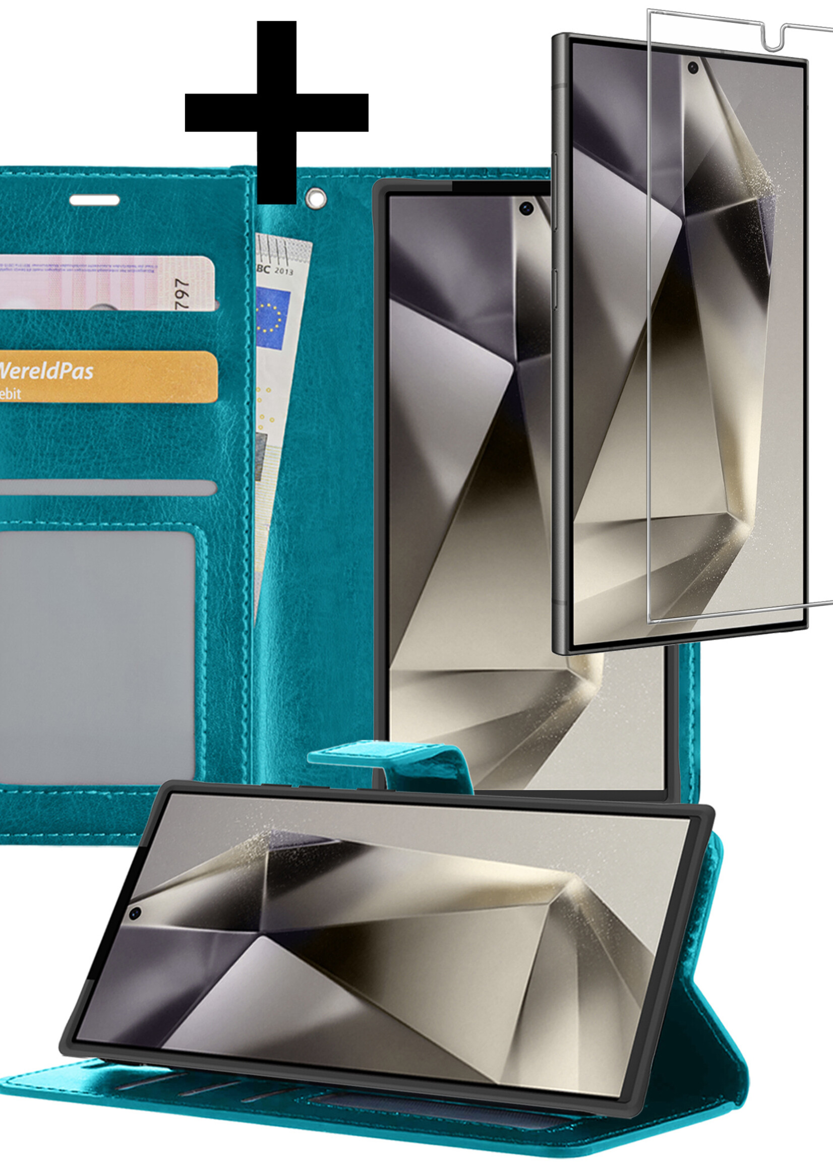 LUQ Hoesje Geschikt voor Samsung S24 Ultra Hoesje Book Case Hoes Wallet Cover Met Screenprotector - Hoes Geschikt voor Samsung Galaxy S24 Ultra Hoesje Bookcase Hoes - Turquoise