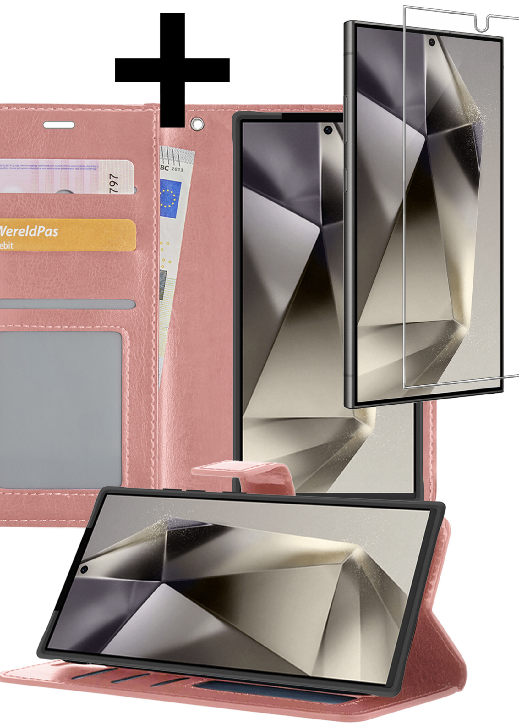 LUQ Hoesje Geschikt voor Samsung S24 Ultra Hoesje Book Case Hoes Wallet Cover Met Screenprotector - Hoes Geschikt voor Samsung Galaxy S24 Ultra Hoesje Bookcase Hoes - Rosé goud