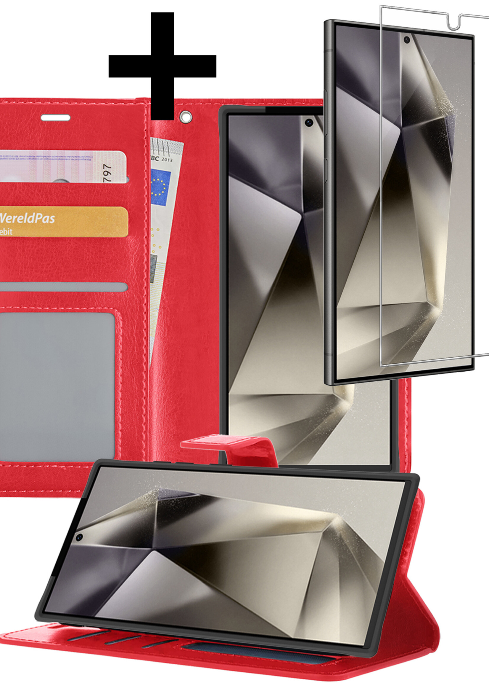 LUQ Hoesje Geschikt voor Samsung S24 Ultra Hoesje Book Case Hoes Wallet Cover Met Screenprotector - Hoes Geschikt voor Samsung Galaxy S24 Ultra Hoesje Bookcase Hoes - Rood