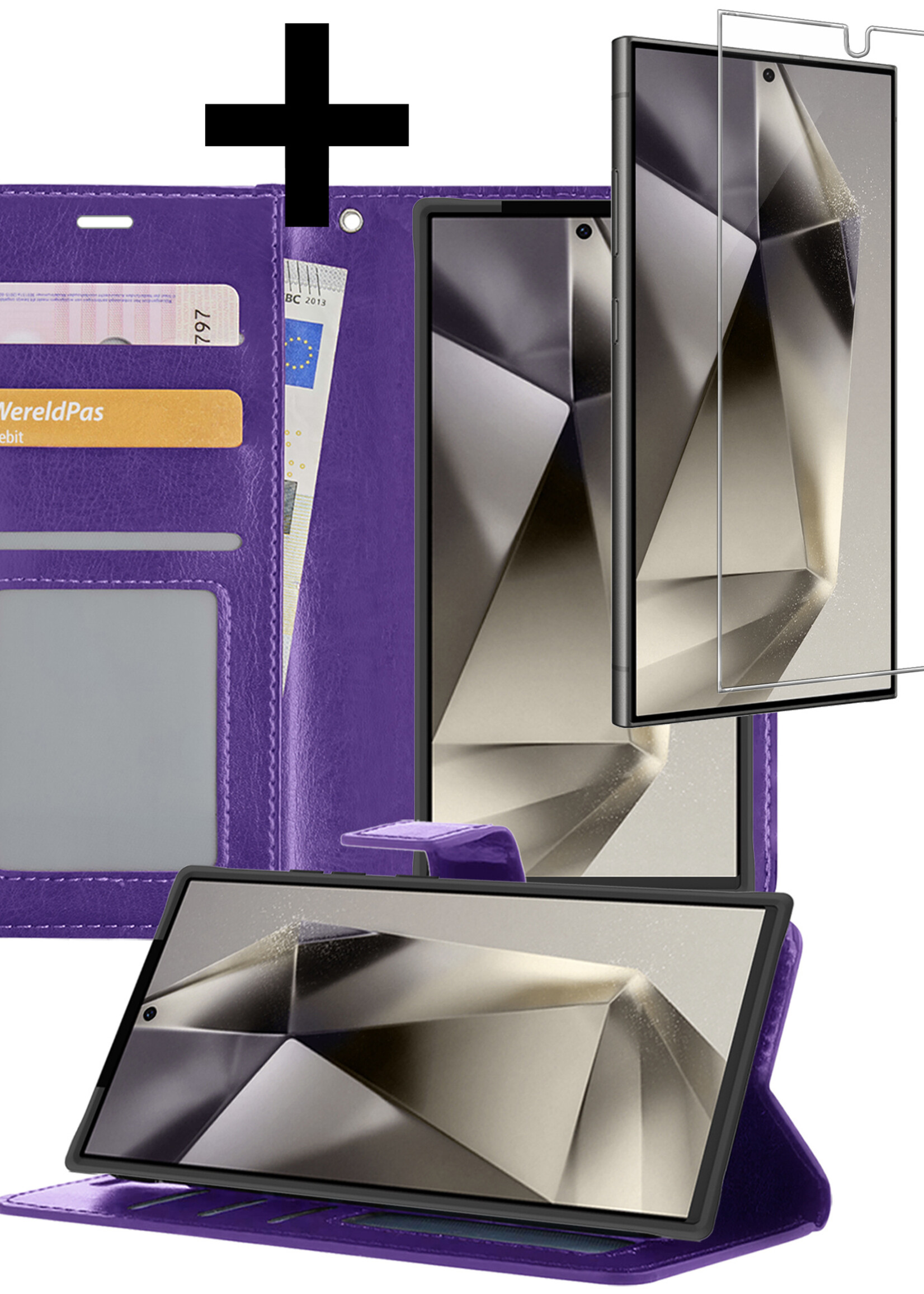 LUQ Hoesje Geschikt voor Samsung S24 Ultra Hoesje Book Case Hoes Wallet Cover Met Screenprotector - Hoes Geschikt voor Samsung Galaxy S24 Ultra Hoesje Bookcase Hoes - Paars