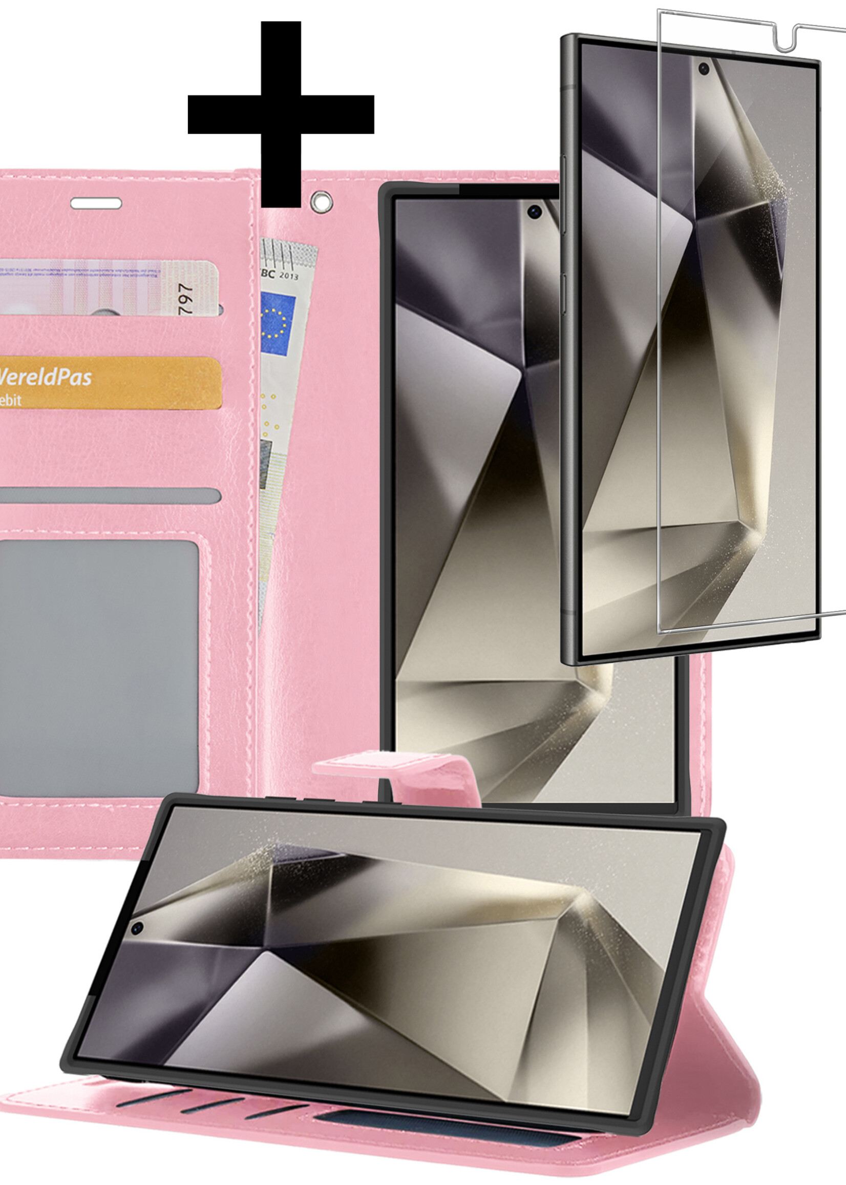 LUQ Hoesje Geschikt voor Samsung S24 Ultra Hoesje Book Case Hoes Wallet Cover Met Screenprotector - Hoes Geschikt voor Samsung Galaxy S24 Ultra Hoesje Bookcase Hoes - Lichtroze