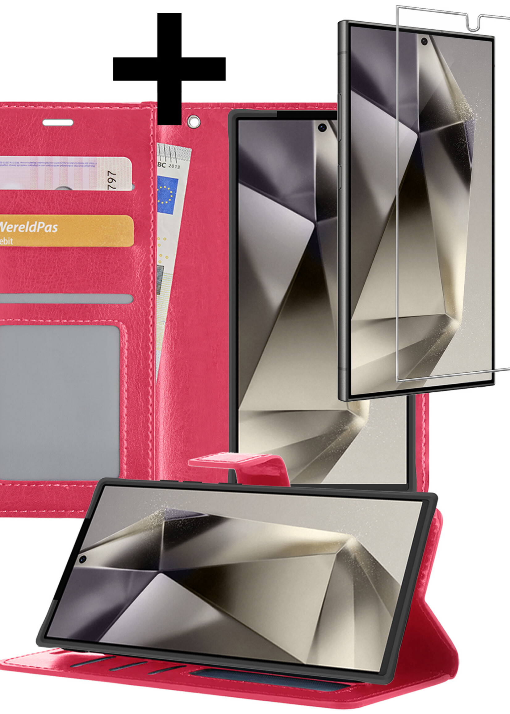 LUQ Hoesje Geschikt voor Samsung S24 Ultra Hoesje Book Case Hoes Wallet Cover Met Screenprotector - Hoes Geschikt voor Samsung Galaxy S24 Ultra Hoesje Bookcase Hoes - Donkerroze