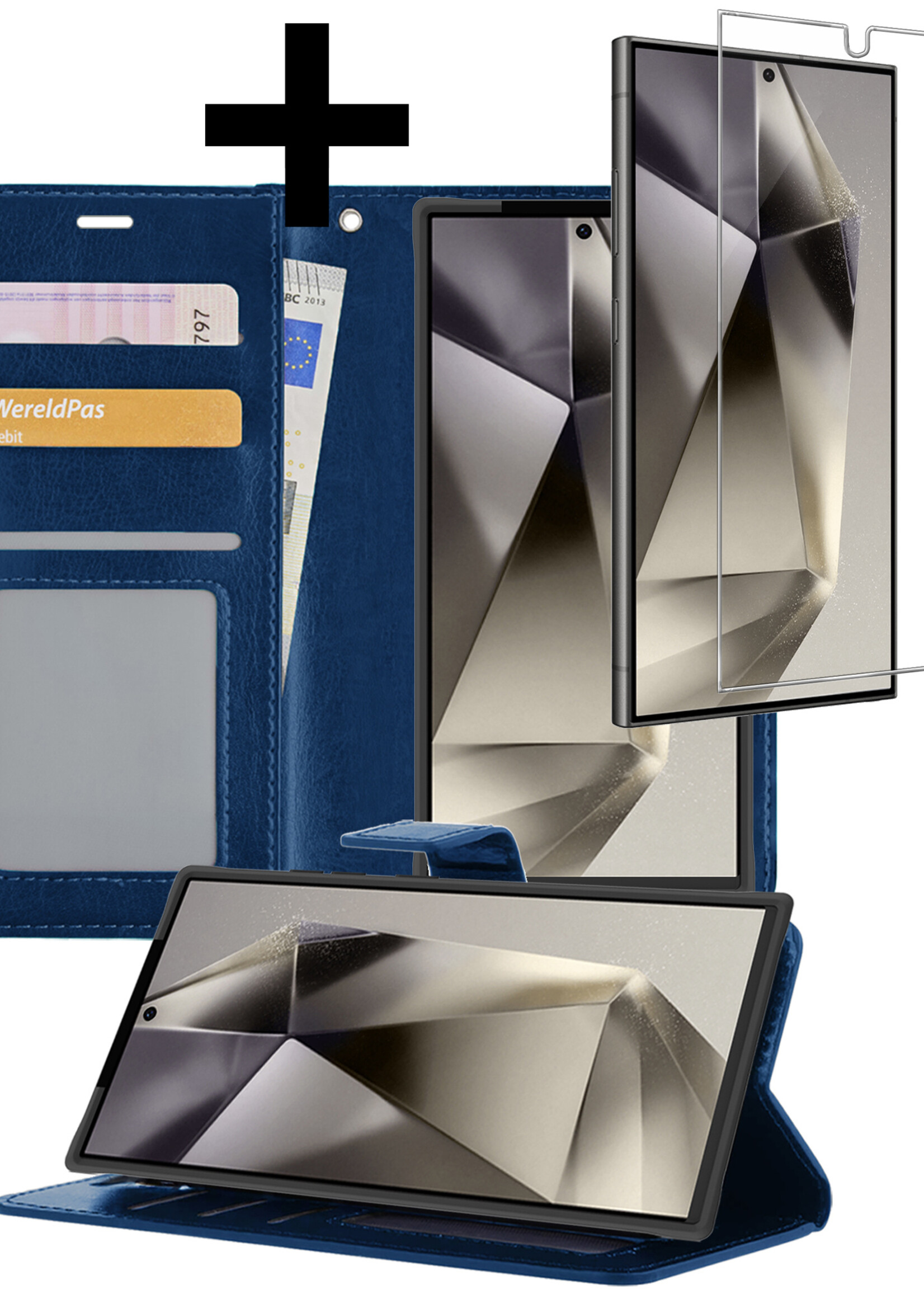 LUQ Hoesje Geschikt voor Samsung S24 Ultra Hoesje Book Case Hoes Wallet Cover Met Screenprotector - Hoes Geschikt voor Samsung Galaxy S24 Ultra Hoesje Bookcase Hoes - Donkerblauw