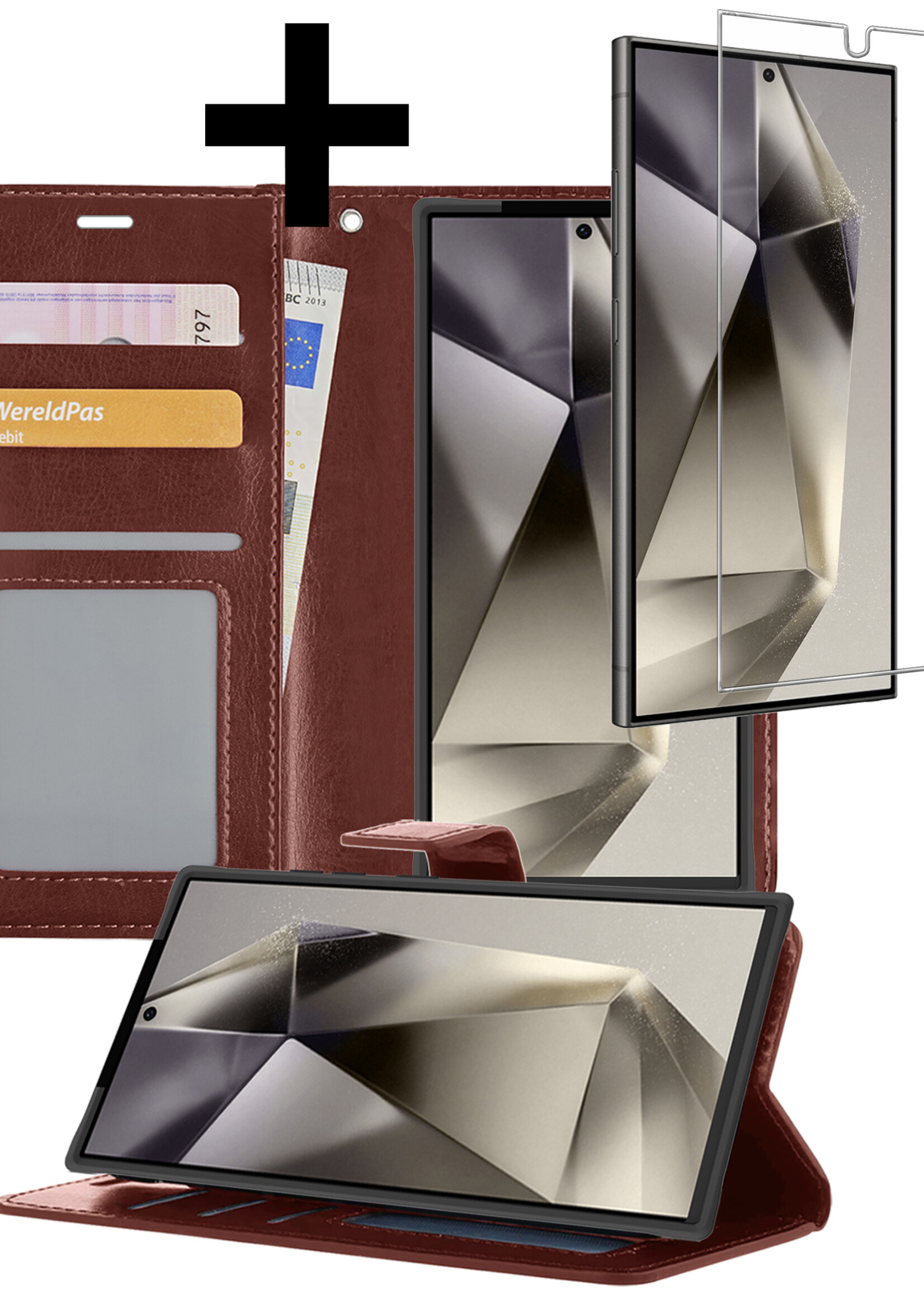 LUQ Hoesje Geschikt voor Samsung S24 Ultra Hoesje Book Case Hoes Wallet Cover Met Screenprotector - Hoes Geschikt voor Samsung Galaxy S24 Ultra Hoesje Bookcase Hoes - Bruin