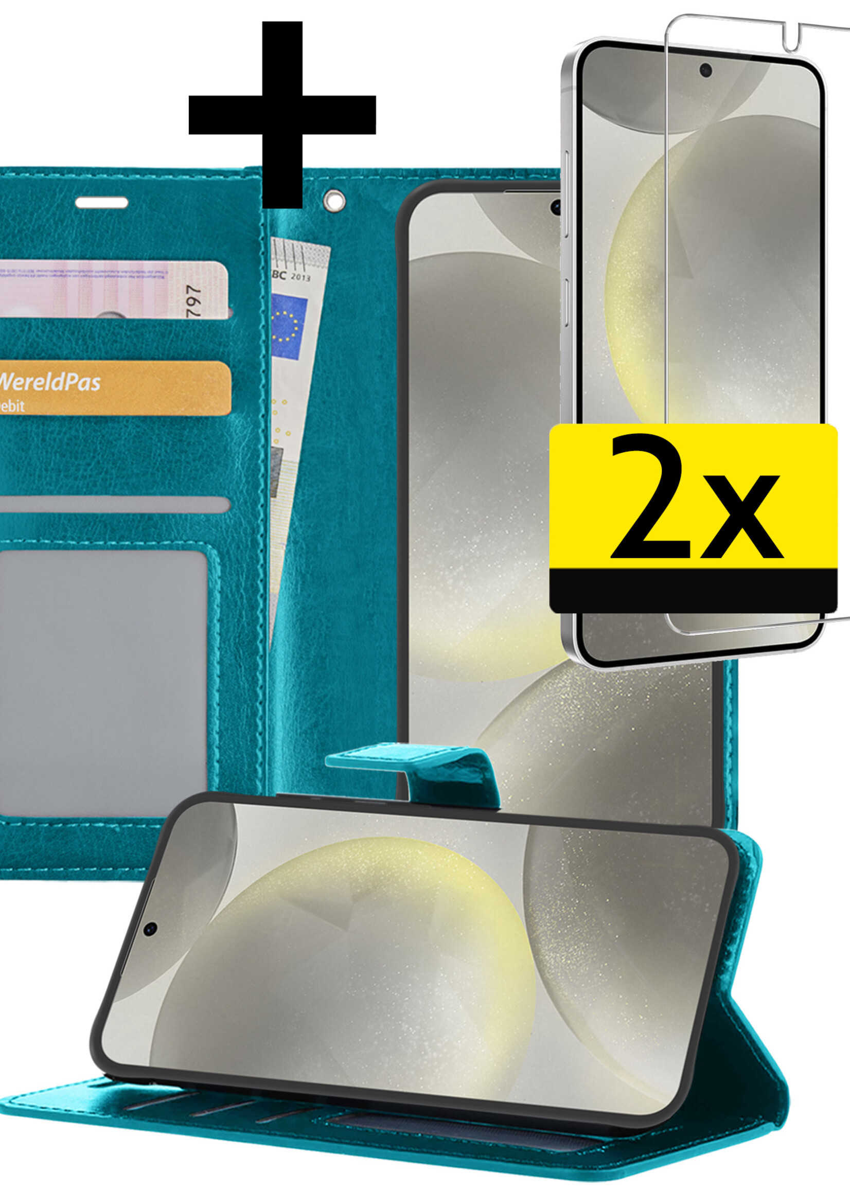 LUQ Hoesje Geschikt voor Samsung S24 Plus Hoesje Book Case Hoes Wallet Cover Met 2x Screenprotector - Hoes Geschikt voor Samsung Galaxy S24 Plus Hoesje Bookcase Hoes - Turquoise