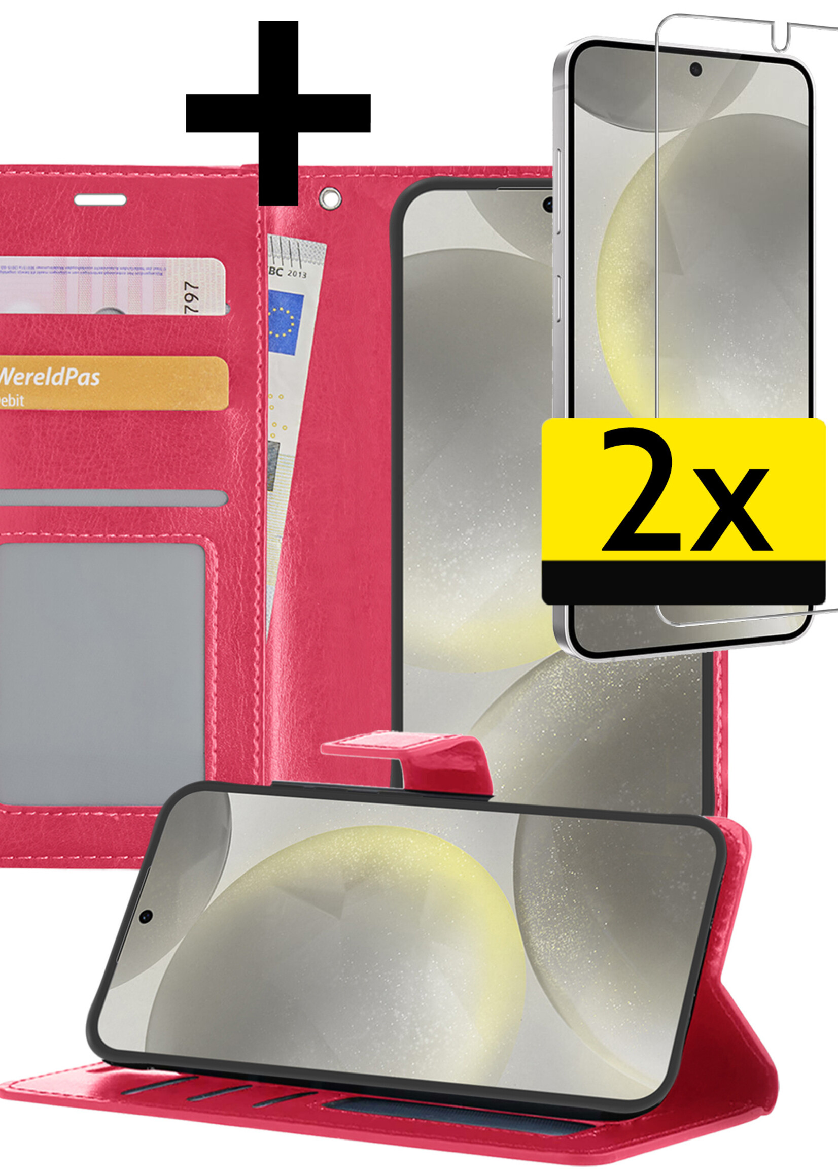 LUQ Hoesje Geschikt voor Samsung S24 Plus Hoesje Book Case Hoes Wallet Cover Met 2x Screenprotector - Hoes Geschikt voor Samsung Galaxy S24 Plus Hoesje Bookcase Hoes - Donkerroze