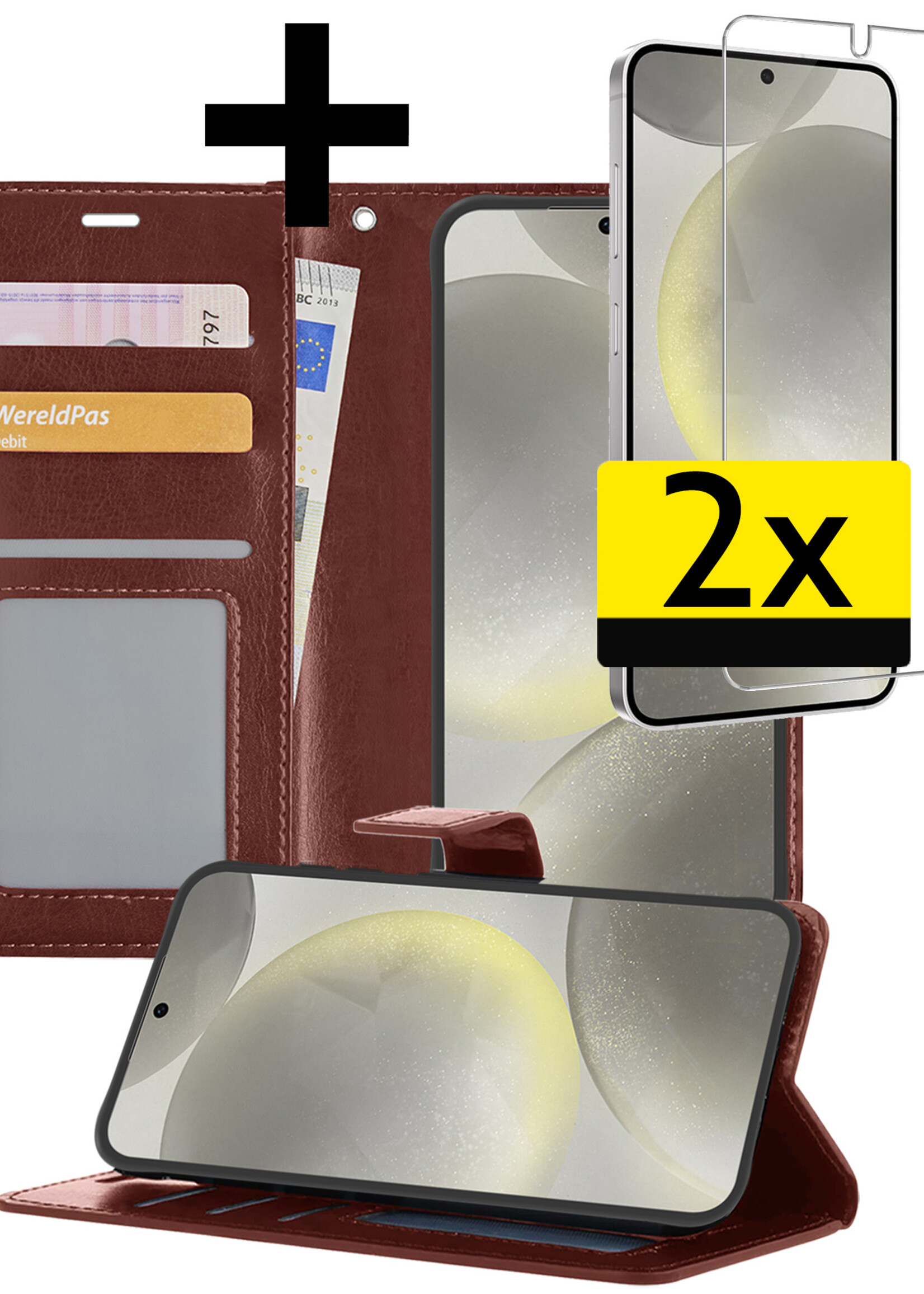 LUQ Hoesje Geschikt voor Samsung S24 Plus Hoesje Book Case Hoes Wallet Cover Met 2x Screenprotector - Hoes Geschikt voor Samsung Galaxy S24 Plus Hoesje Bookcase Hoes - Bruin