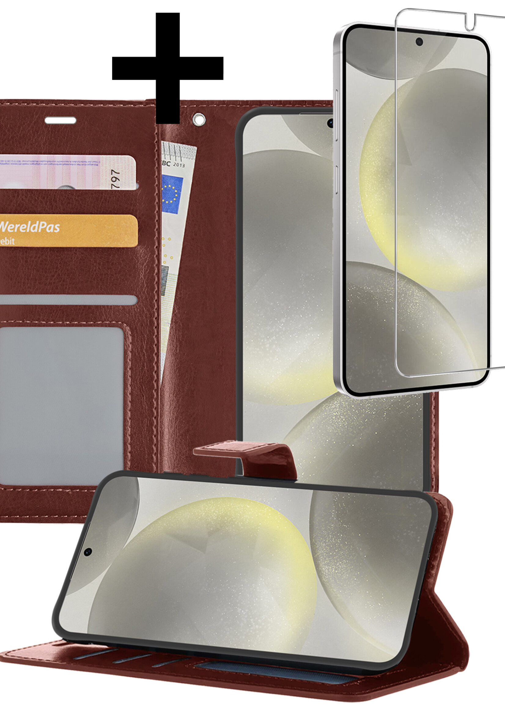 LUQ Hoesje Geschikt voor Samsung S24 Plus Hoesje Book Case Hoes Wallet Cover Met Screenprotector - Hoes Geschikt voor Samsung Galaxy S24 Plus Hoesje Bookcase Hoes - Bruin