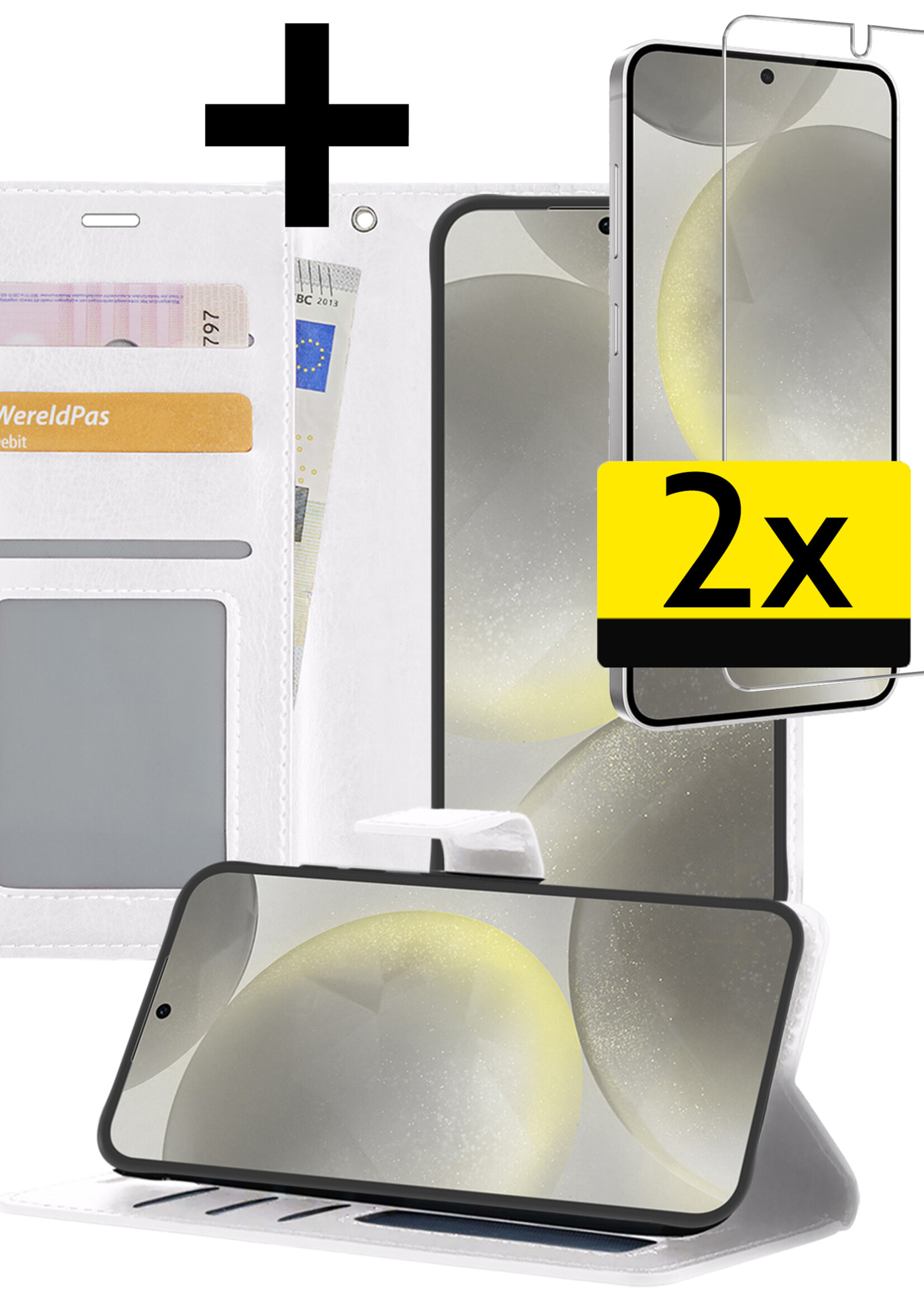 LUQ Hoesje Geschikt voor Samsung S24 Hoesje Book Case Hoes Wallet Cover Met 2x Screenprotector - Hoes Geschikt voor Samsung Galaxy S24 Hoesje Bookcase Hoes - Wit