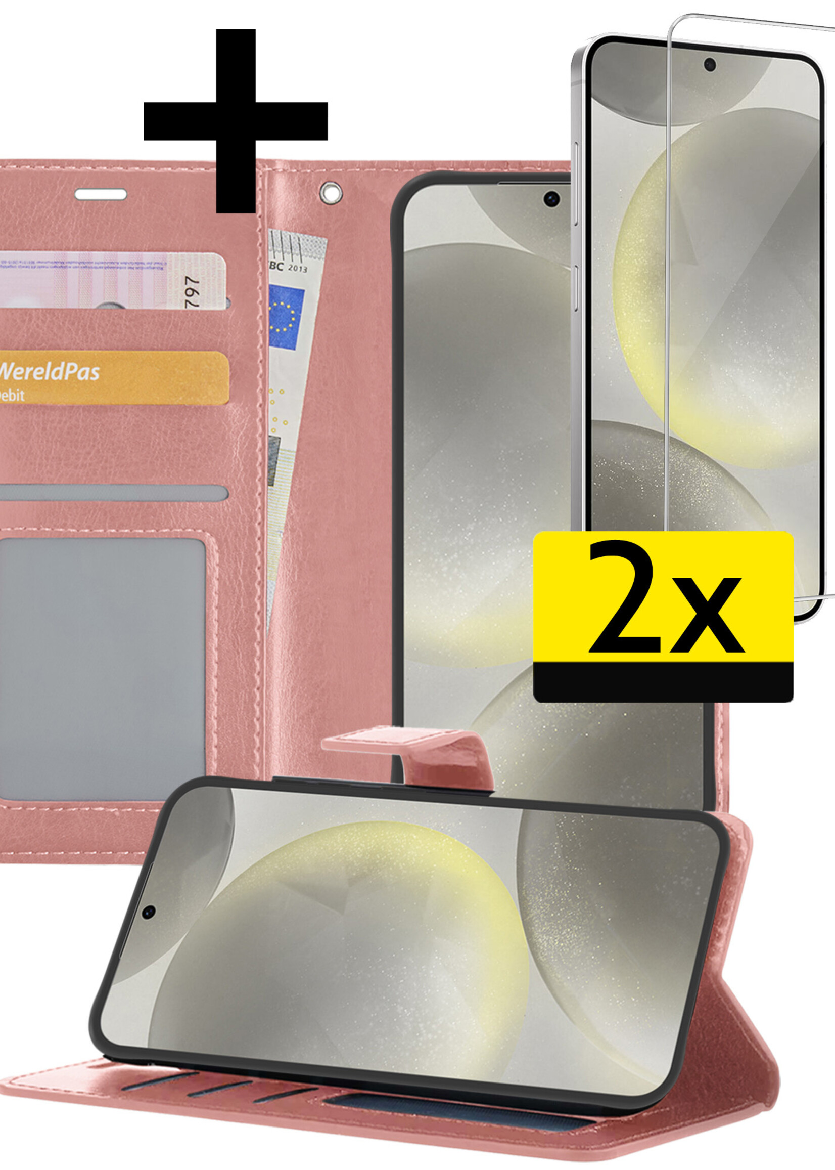 LUQ Hoesje Geschikt voor Samsung S24 Hoesje Book Case Hoes Wallet Cover Met 2x Screenprotector - Hoes Geschikt voor Samsung Galaxy S24 Hoesje Bookcase Hoes - Rosé goud