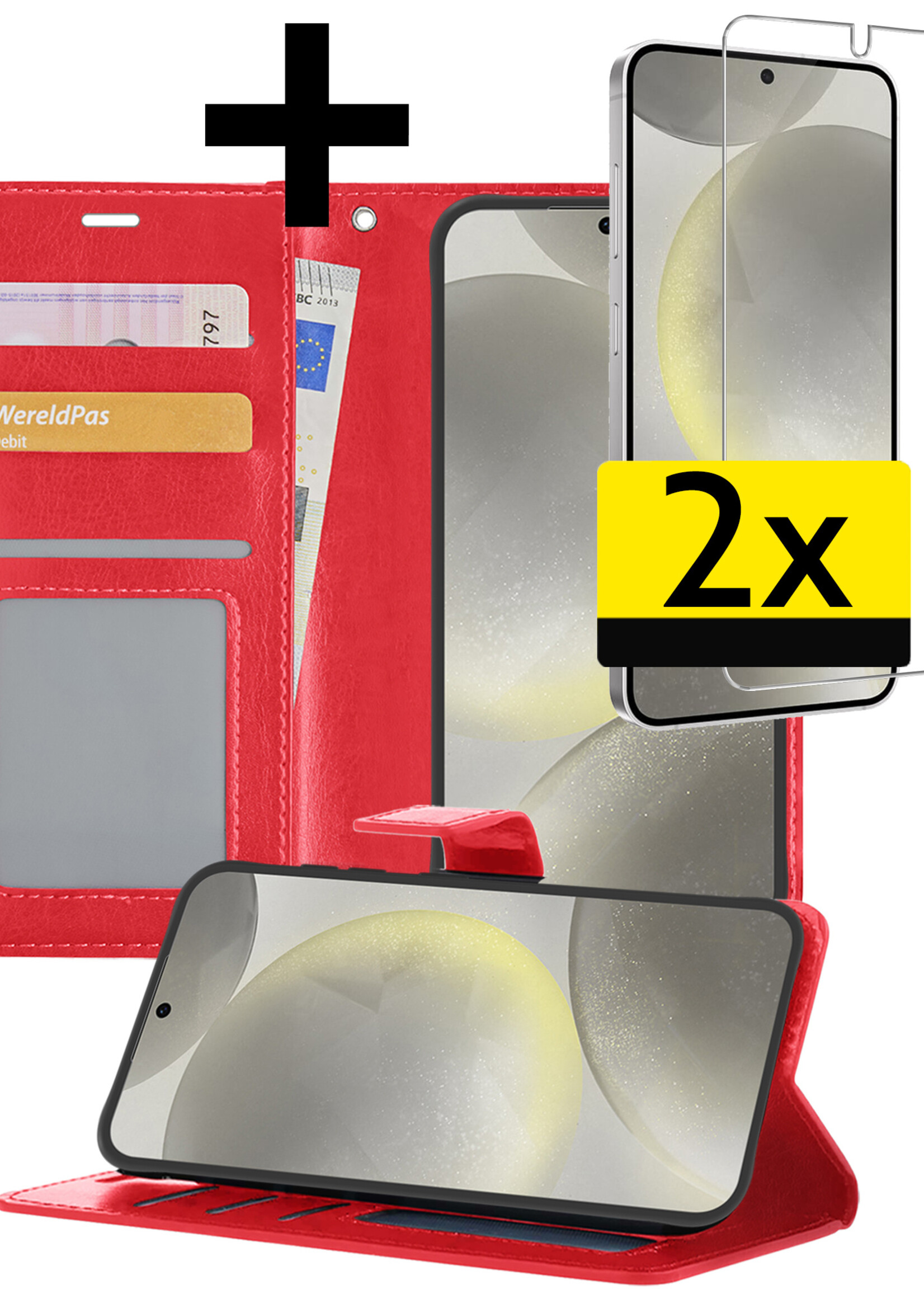 LUQ Hoesje Geschikt voor Samsung S24 Hoesje Book Case Hoes Wallet Cover Met 2x Screenprotector - Hoes Geschikt voor Samsung Galaxy S24 Hoesje Bookcase Hoes - Rood