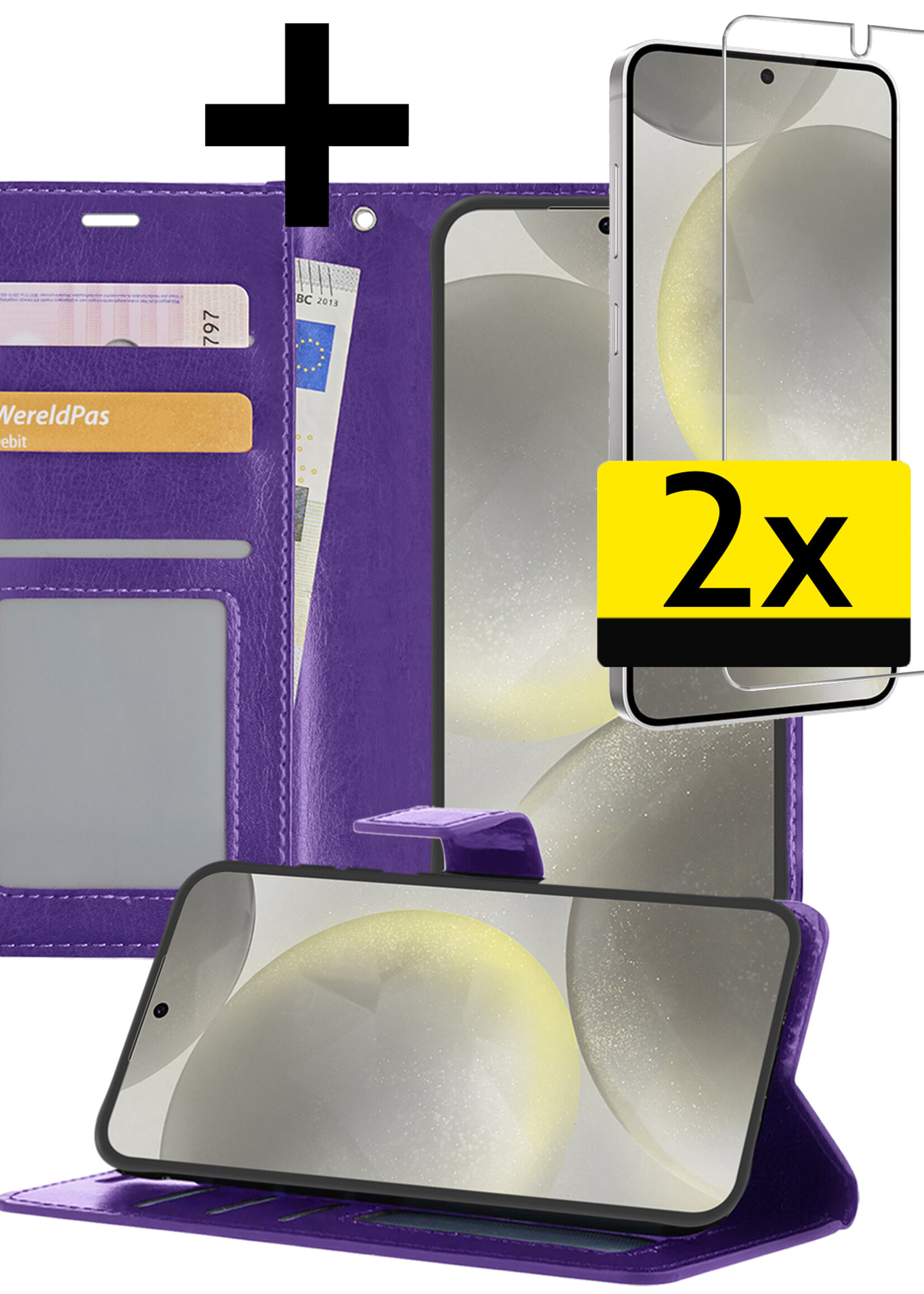 LUQ Hoesje Geschikt voor Samsung S24 Hoesje Book Case Hoes Wallet Cover Met 2x Screenprotector - Hoes Geschikt voor Samsung Galaxy S24 Hoesje Bookcase Hoes - Paars