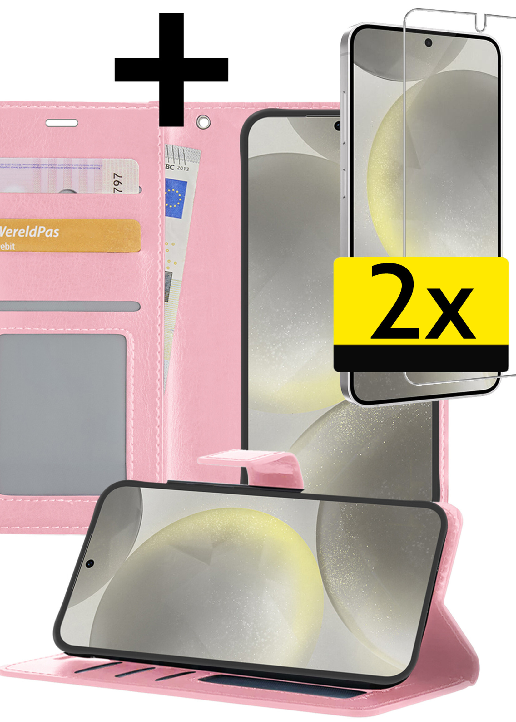 LUQ Hoesje Geschikt voor Samsung S24 Hoesje Book Case Hoes Wallet Cover Met 2x Screenprotector - Hoes Geschikt voor Samsung Galaxy S24 Hoesje Bookcase Hoes - Lichtroze