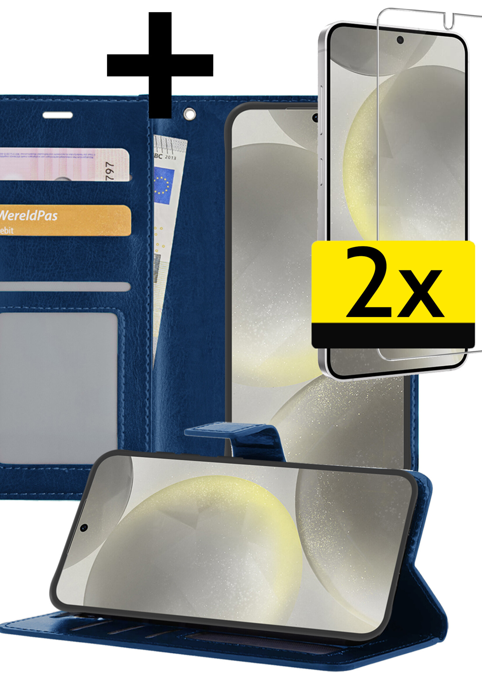 LUQ Hoesje Geschikt voor Samsung S24 Hoesje Book Case Hoes Wallet Cover Met 2x Screenprotector - Hoes Geschikt voor Samsung Galaxy S24 Hoesje Bookcase Hoes - Donkerblauw
