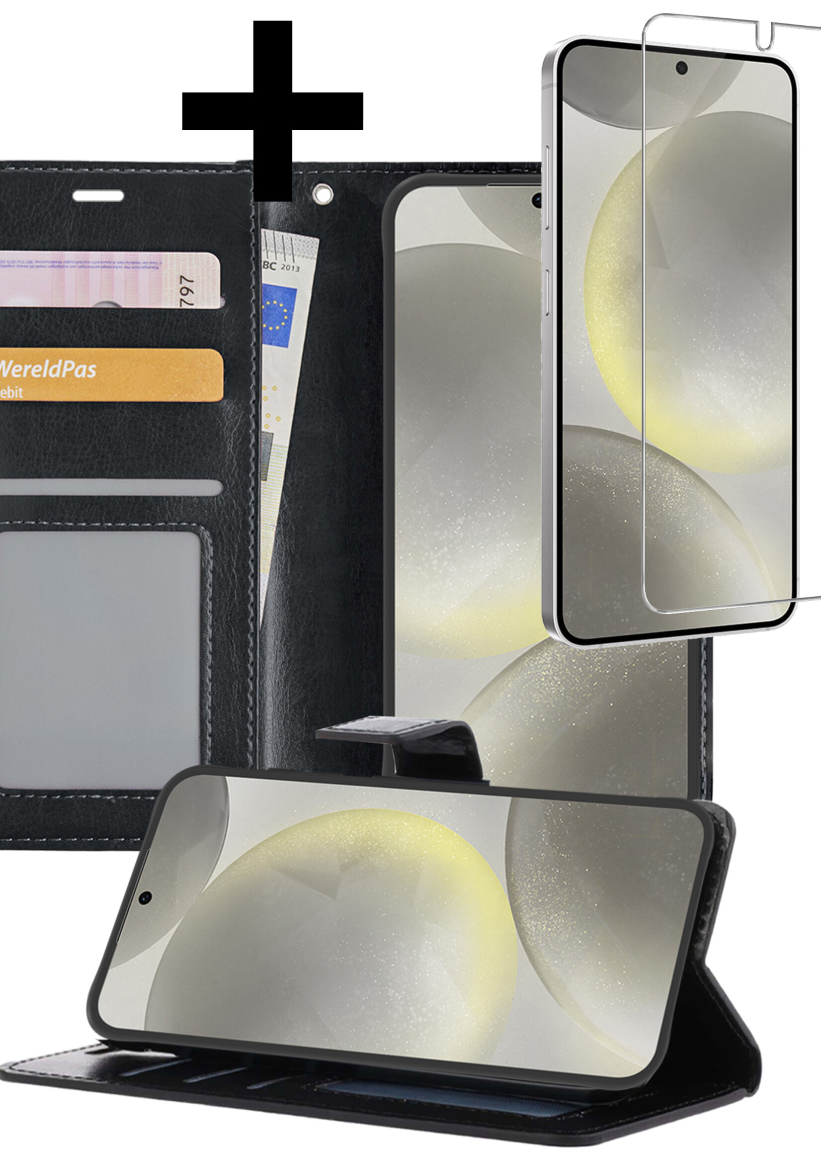 LUQ Hoesje Geschikt voor Samsung S24 Hoesje Book Case Hoes Wallet Cover Met Screenprotector - Hoes Geschikt voor Samsung Galaxy S24 Hoesje Bookcase Hoes - Zwart