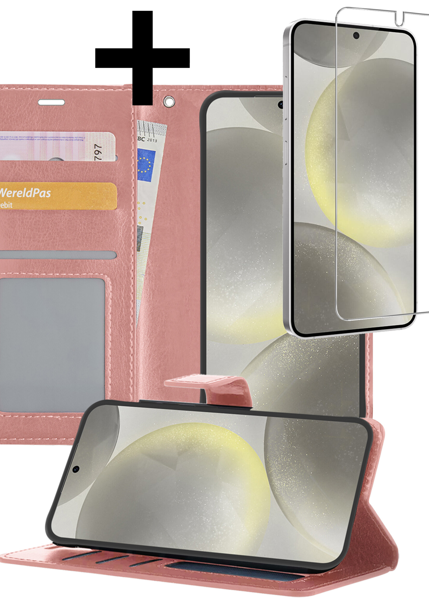 LUQ Hoesje Geschikt voor Samsung S24 Hoesje Book Case Hoes Wallet Cover Met Screenprotector - Hoes Geschikt voor Samsung Galaxy S24 Hoesje Bookcase Hoes - Rosé goud