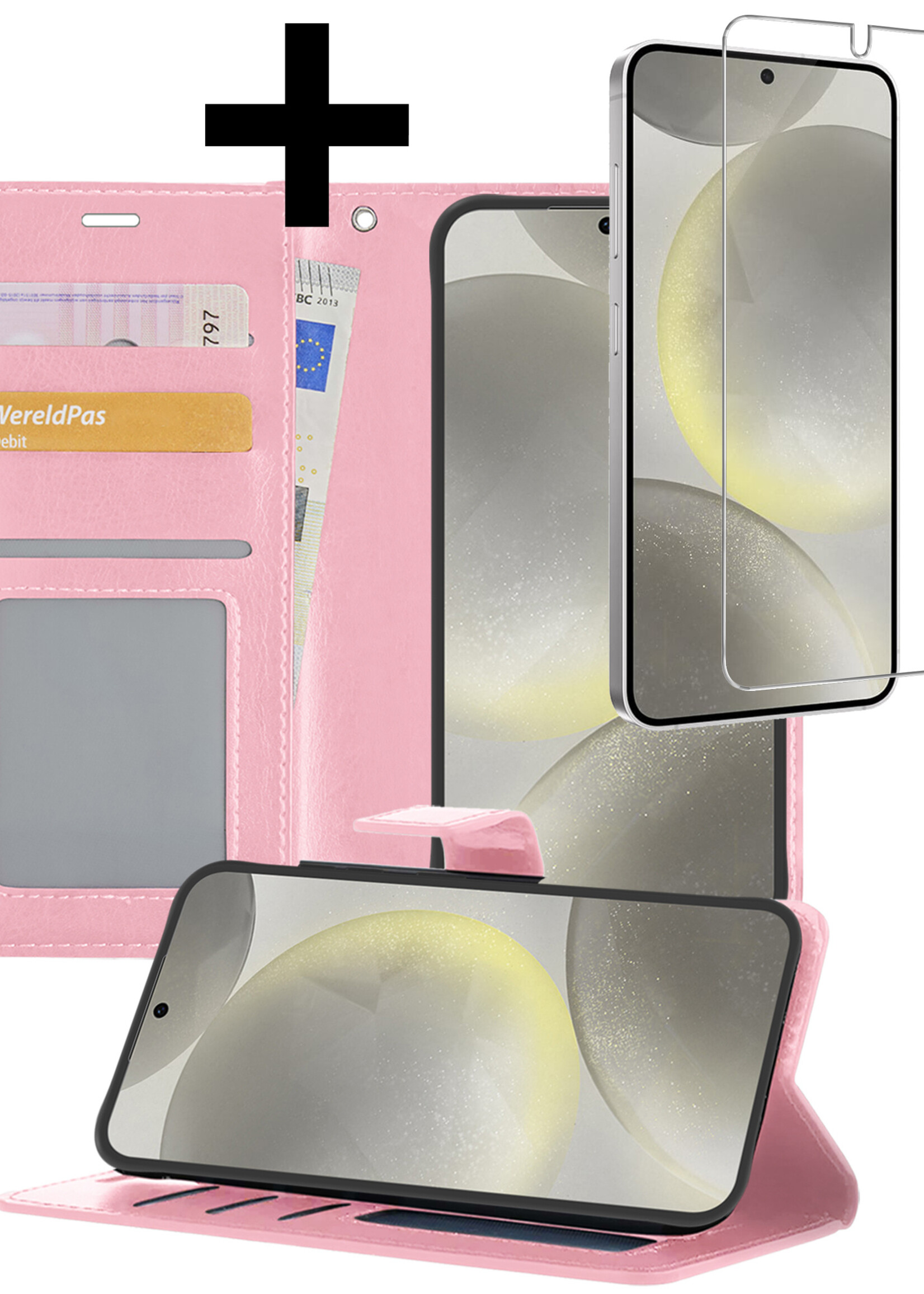 LUQ Hoesje Geschikt voor Samsung S24 Hoesje Book Case Hoes Wallet Cover Met Screenprotector - Hoes Geschikt voor Samsung Galaxy S24 Hoesje Bookcase Hoes - Lichtroze