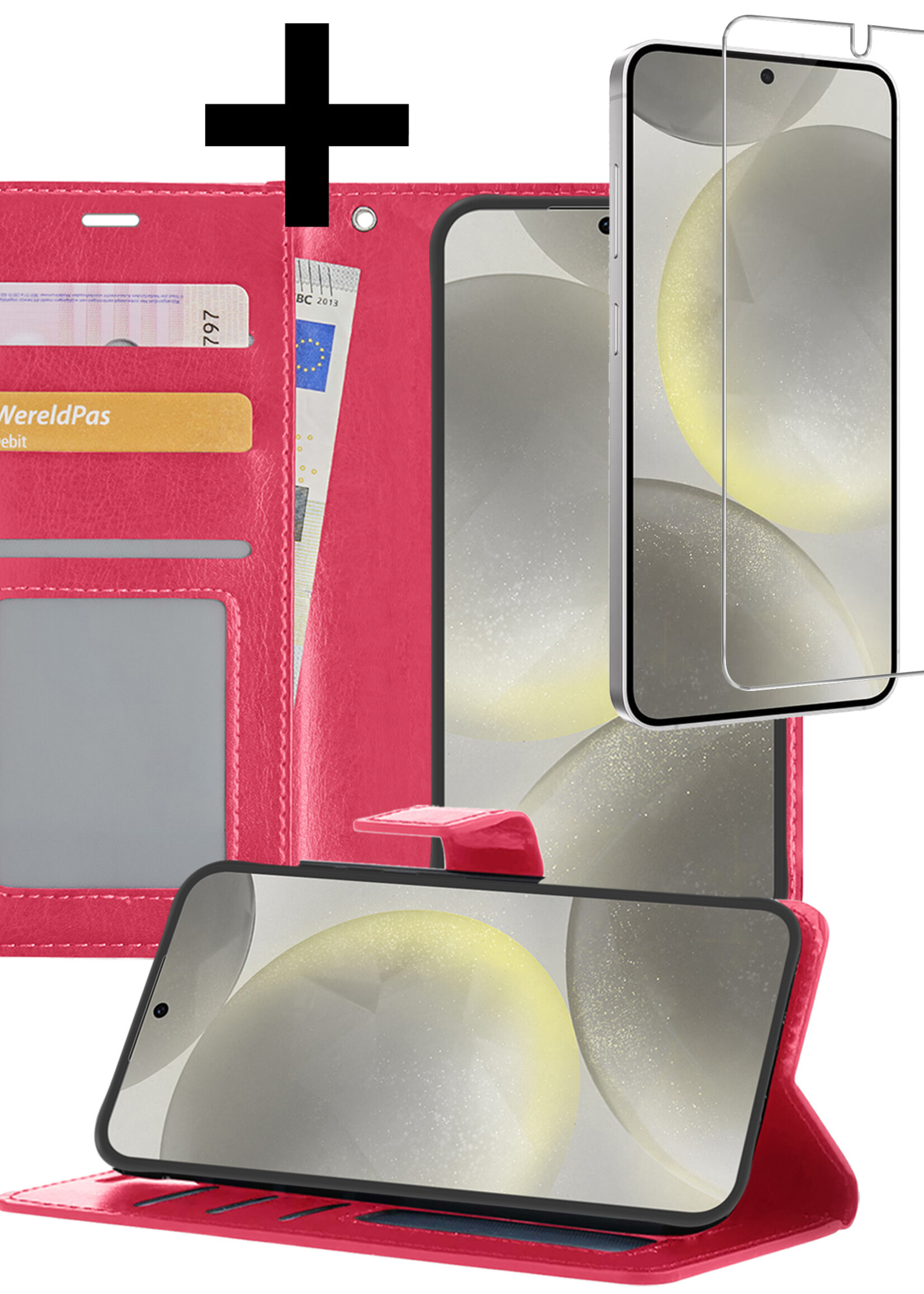 LUQ Hoesje Geschikt voor Samsung S24 Hoesje Book Case Hoes Wallet Cover Met Screenprotector - Hoes Geschikt voor Samsung Galaxy S24 Hoesje Bookcase Hoes - Donkerroze