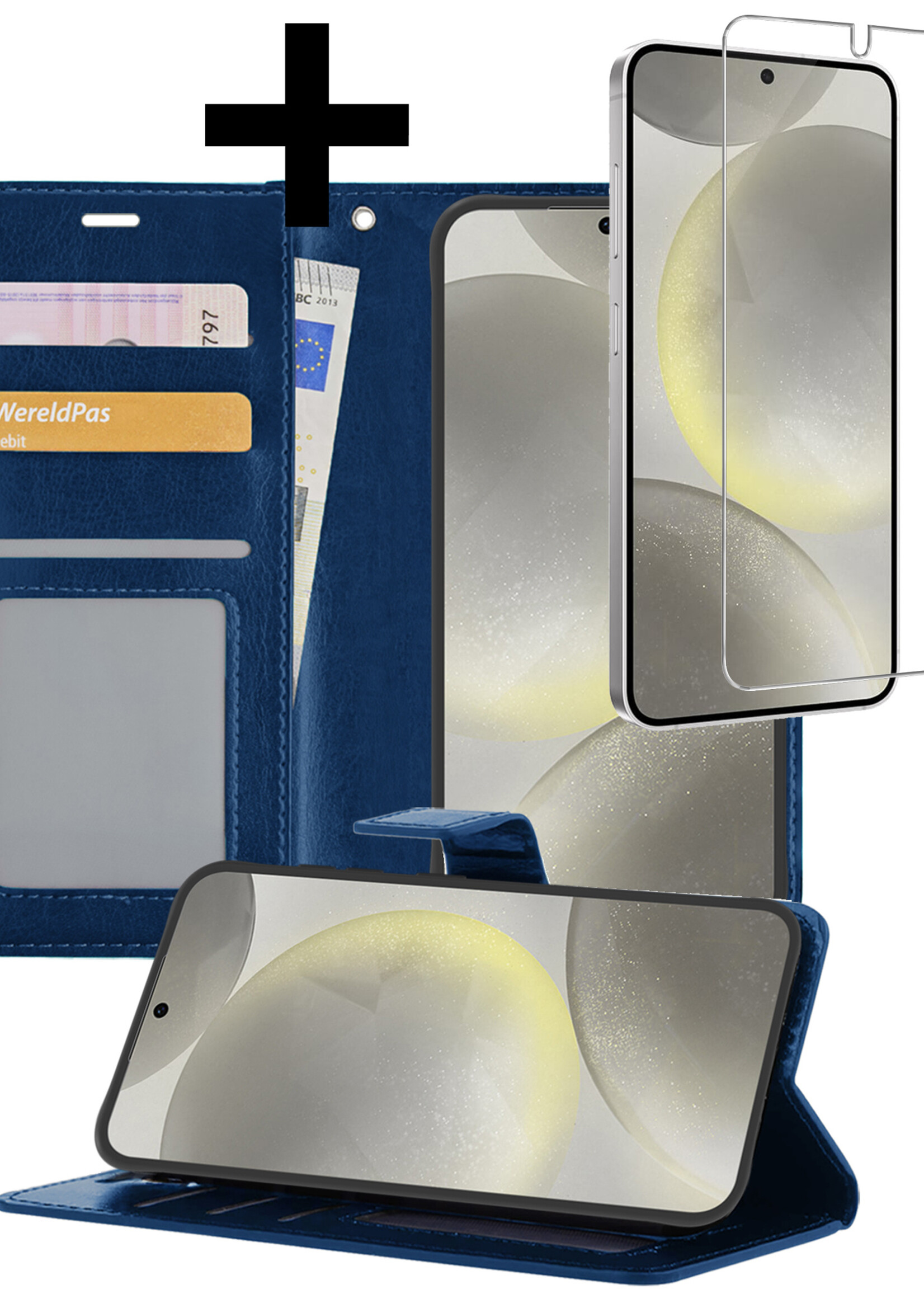 LUQ Hoesje Geschikt voor Samsung S24 Hoesje Book Case Hoes Wallet Cover Met Screenprotector - Hoes Geschikt voor Samsung Galaxy S24 Hoesje Bookcase Hoes - Donkerblauw