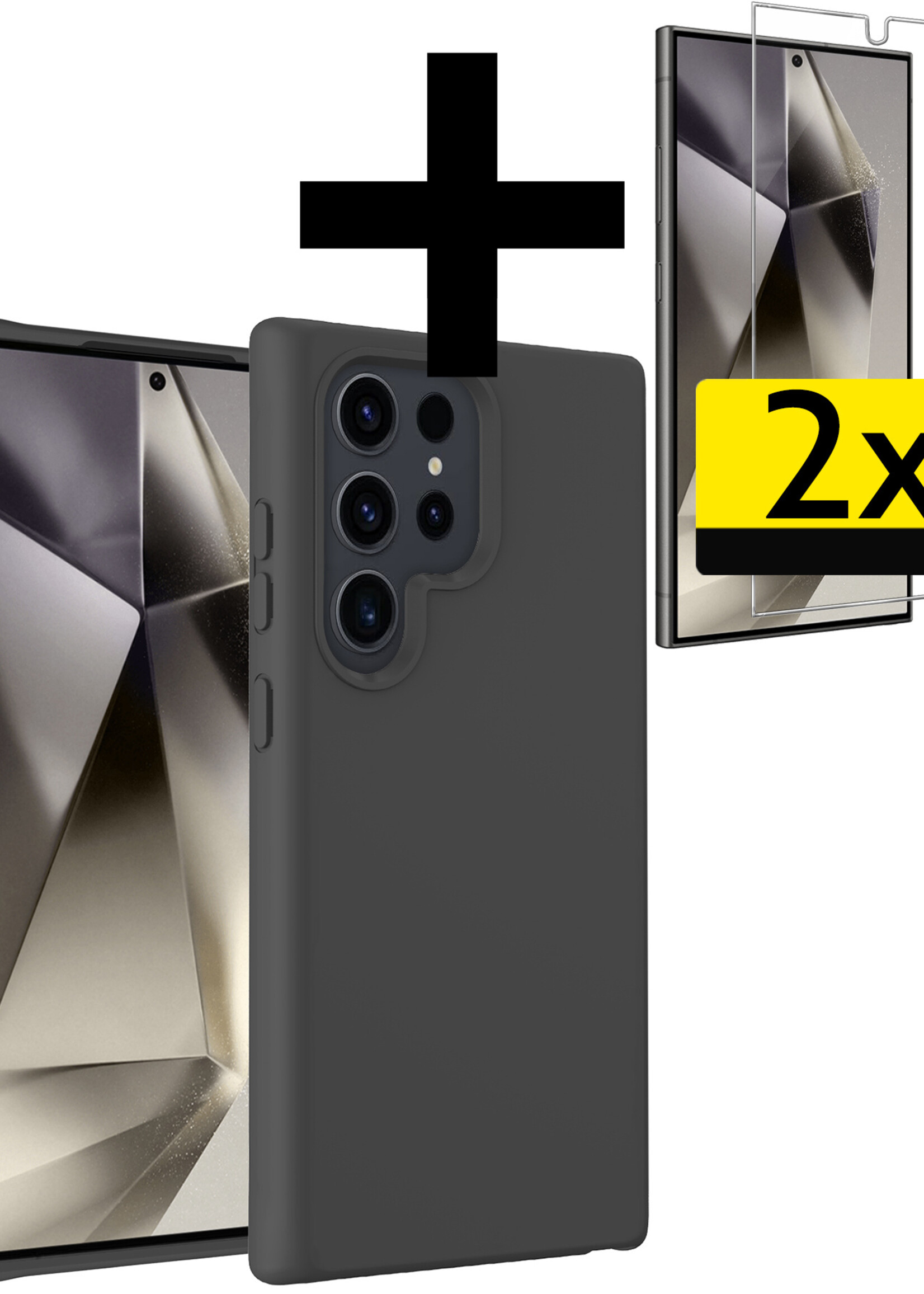 LUQ Hoesje Geschikt voor Samsung S24 Ultra Hoesje Siliconen Case Met 2x Screenprotector - Hoes Geschikt voor Samsung Galaxy S24 Ultra Hoes Siliconen - Zwart