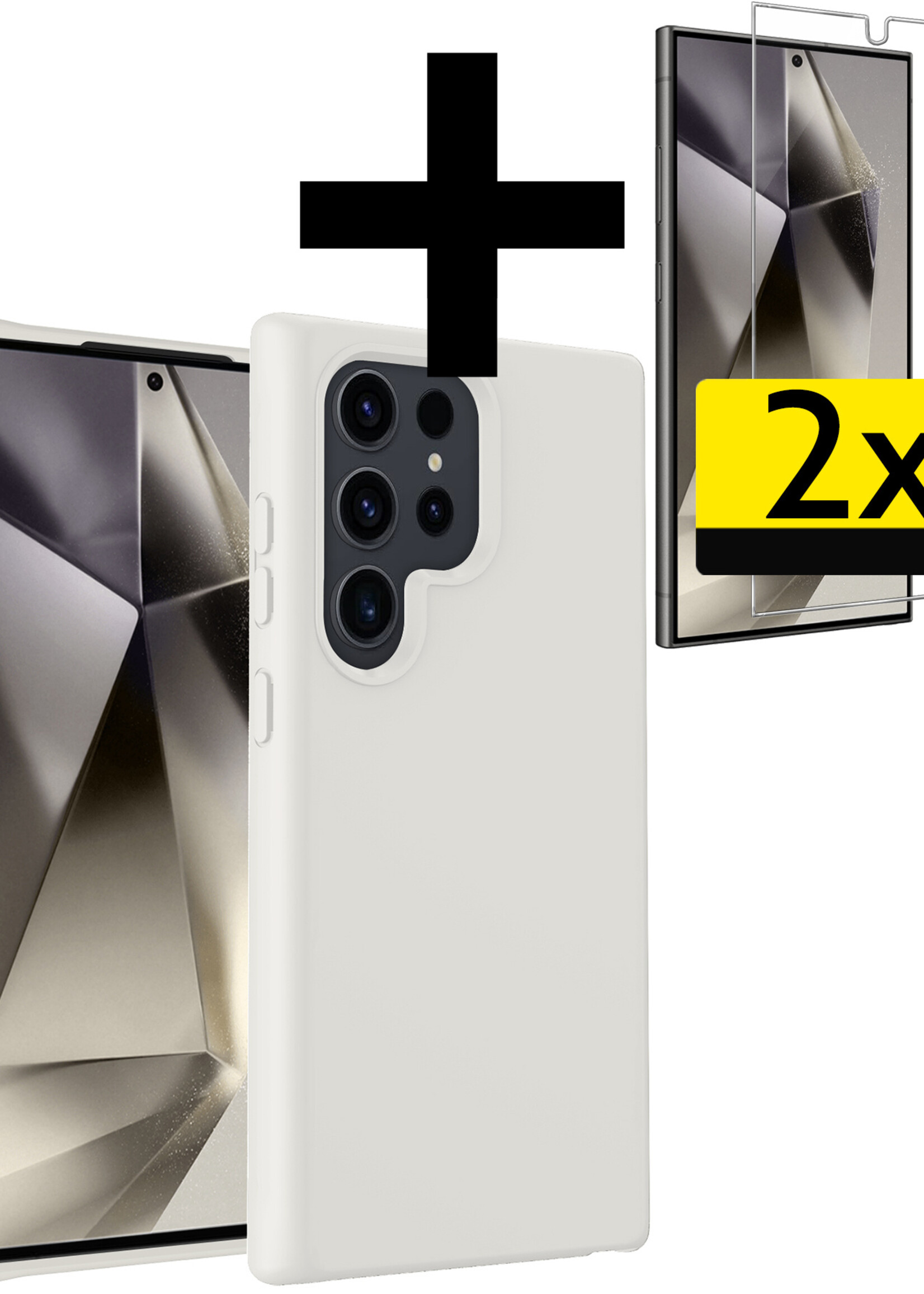 LUQ Hoesje Geschikt voor Samsung S24 Ultra Hoesje Siliconen Case Met 2x Screenprotector - Hoes Geschikt voor Samsung Galaxy S24 Ultra Hoes Siliconen - Wit