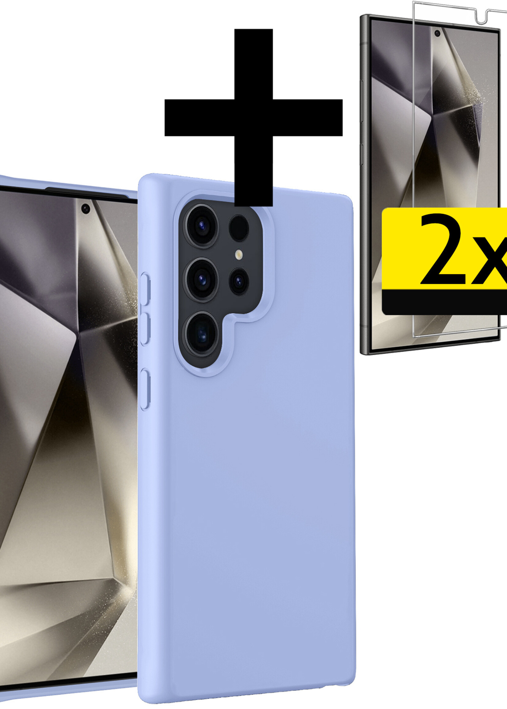 LUQ Hoesje Geschikt voor Samsung S24 Ultra Hoesje Siliconen Case Met 2x Screenprotector - Hoes Geschikt voor Samsung Galaxy S24 Ultra Hoes Siliconen - Lichtblauw