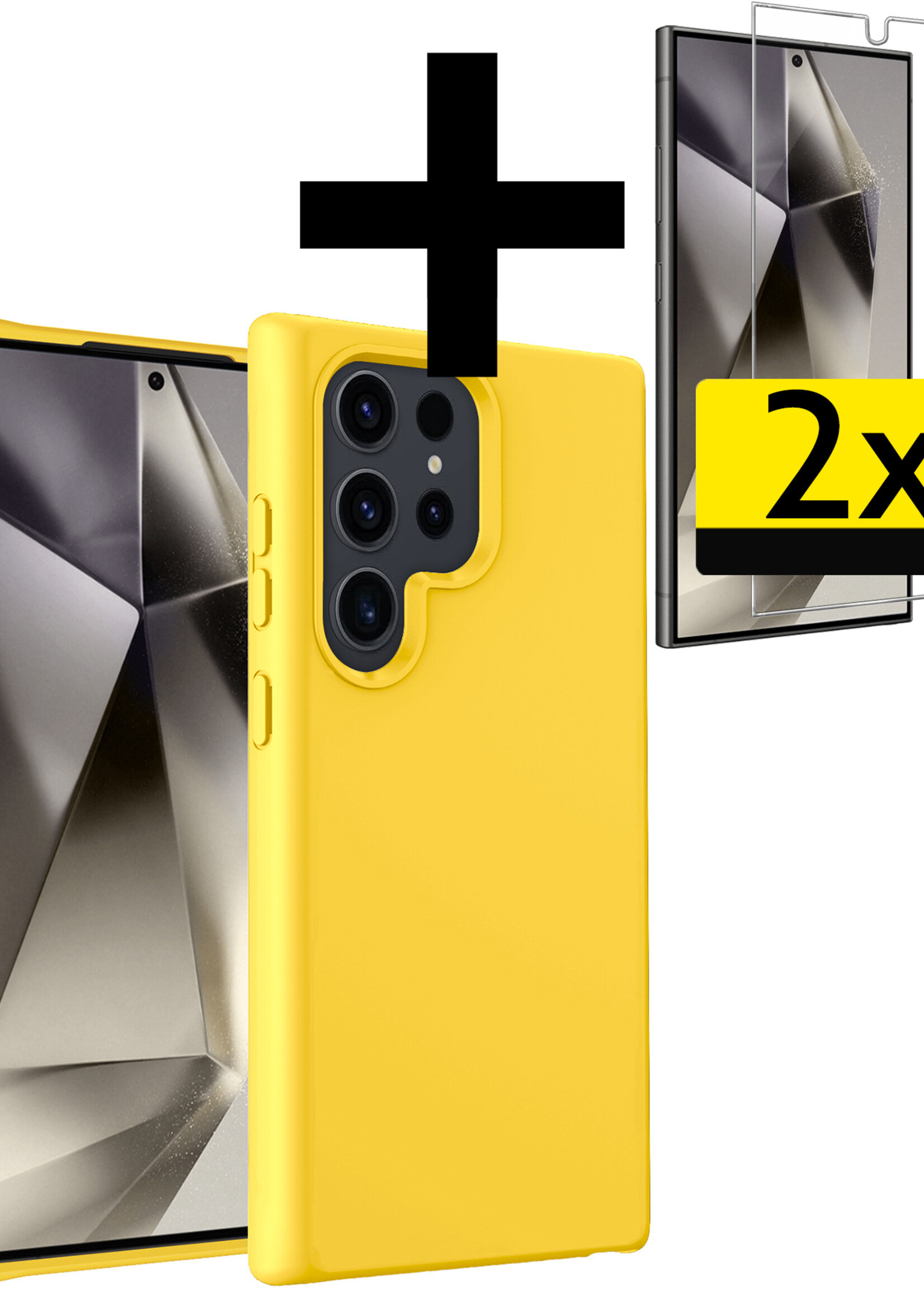 LUQ Hoesje Geschikt voor Samsung S24 Ultra Hoesje Siliconen Case Met 2x Screenprotector - Hoes Geschikt voor Samsung Galaxy S24 Ultra Hoes Siliconen - Geel