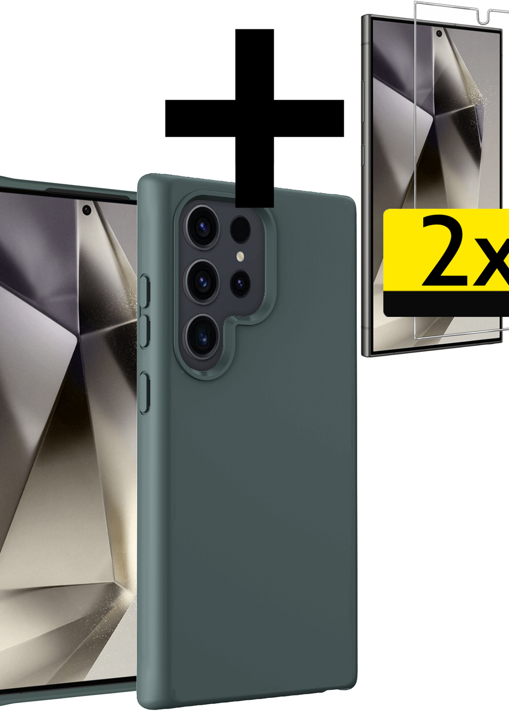 LUQ Hoesje Geschikt voor Samsung S24 Ultra Hoesje Siliconen Case Met 2x Screenprotector - Hoes Geschikt voor Samsung Galaxy S24 Ultra Hoes Siliconen - Donkergroen