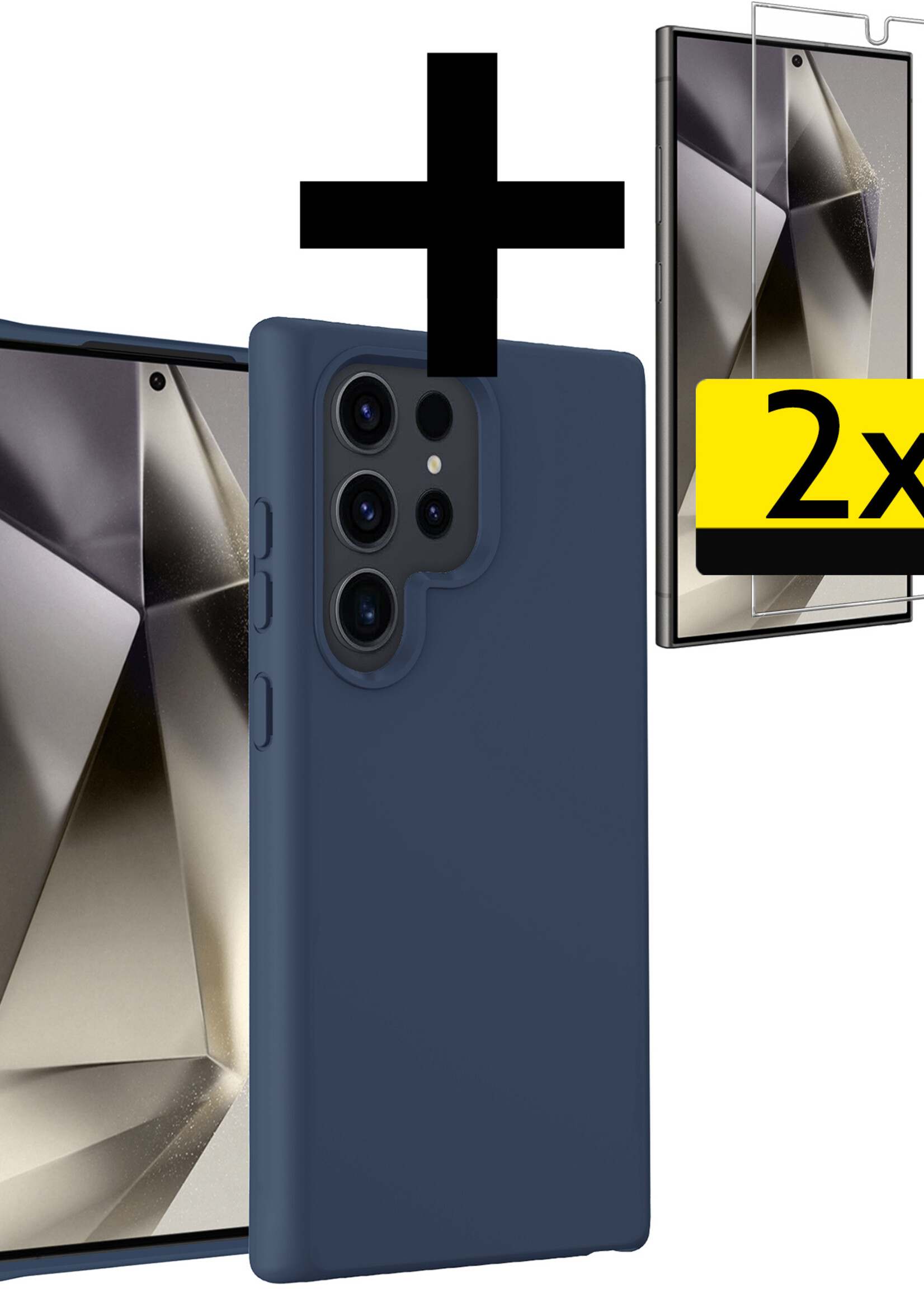 LUQ Hoesje Geschikt voor Samsung S24 Ultra Hoesje Siliconen Case Met 2x Screenprotector - Hoes Geschikt voor Samsung Galaxy S24 Ultra Hoes Siliconen - Donkerblauw