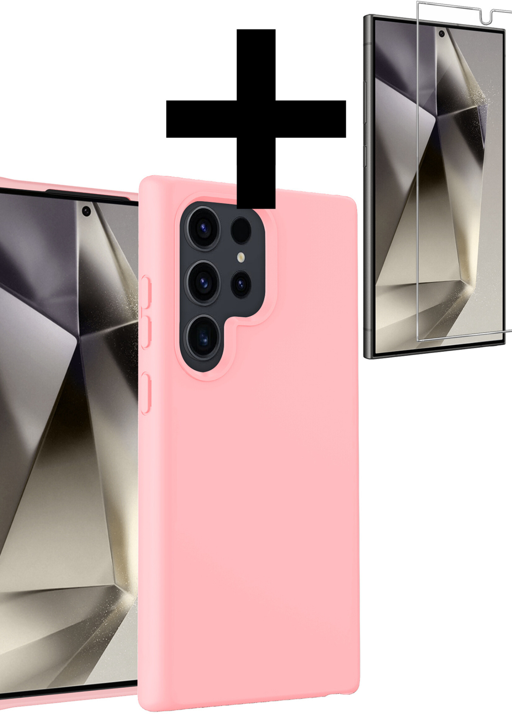 LUQ Hoesje Geschikt voor Samsung S24 Ultra Hoesje Siliconen Case Met Screenprotector - Hoes Geschikt voor Samsung Galaxy S24 Ultra Hoes Siliconen - Lichtroze