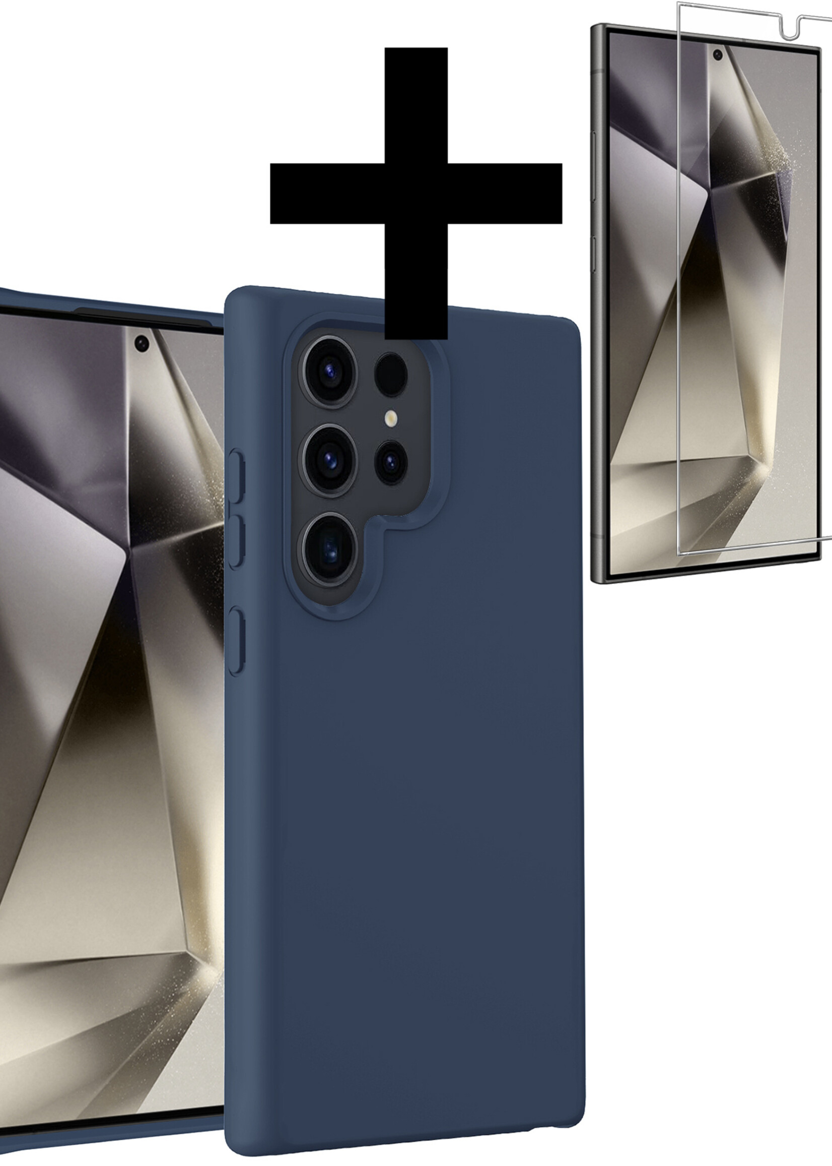 LUQ Hoesje Geschikt voor Samsung S24 Ultra Hoesje Siliconen Case Met Screenprotector - Hoes Geschikt voor Samsung Galaxy S24 Ultra Hoes Siliconen - Donkerblauw