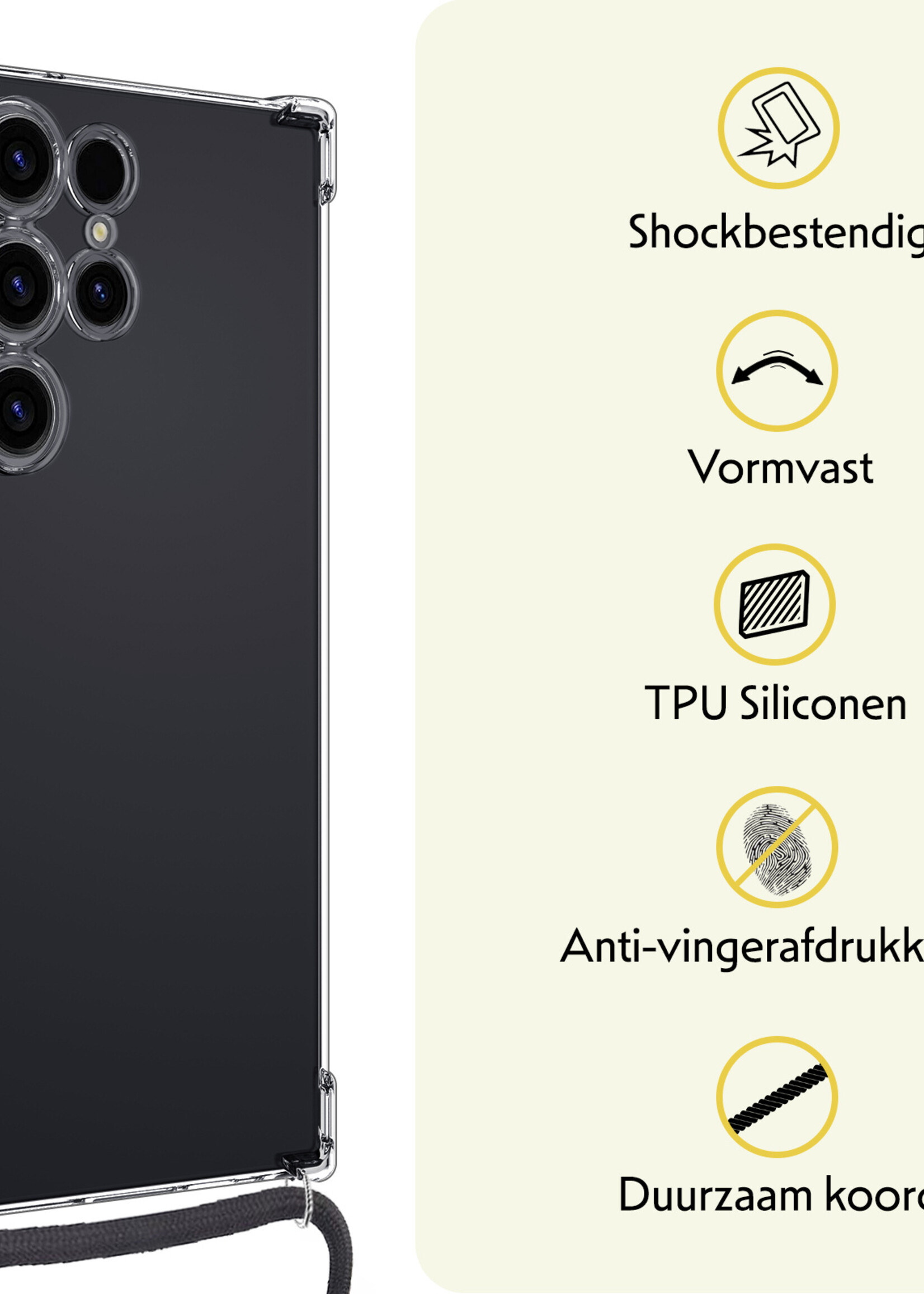 LUQ Hoesje Geschikt voor Samsung S24 Ultra Hoesje Shockproof Case Siliconen Hoes Met Koord - Transparant