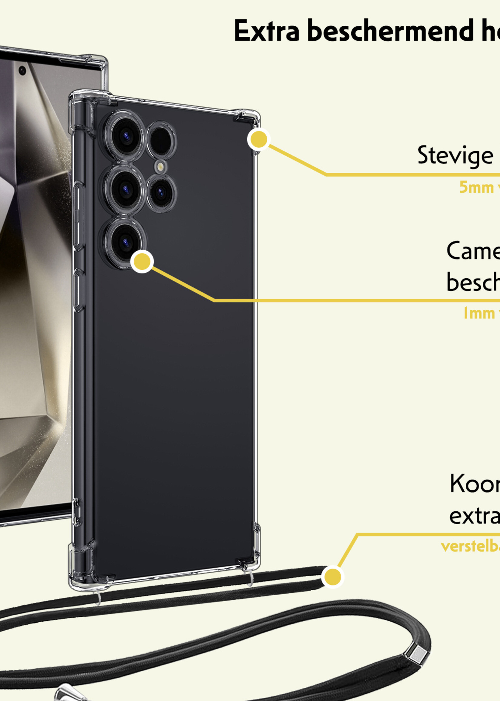 LUQ Hoesje Geschikt voor Samsung S24 Ultra Hoesje Shockproof Case Siliconen Hoes Met Koord - Transparant