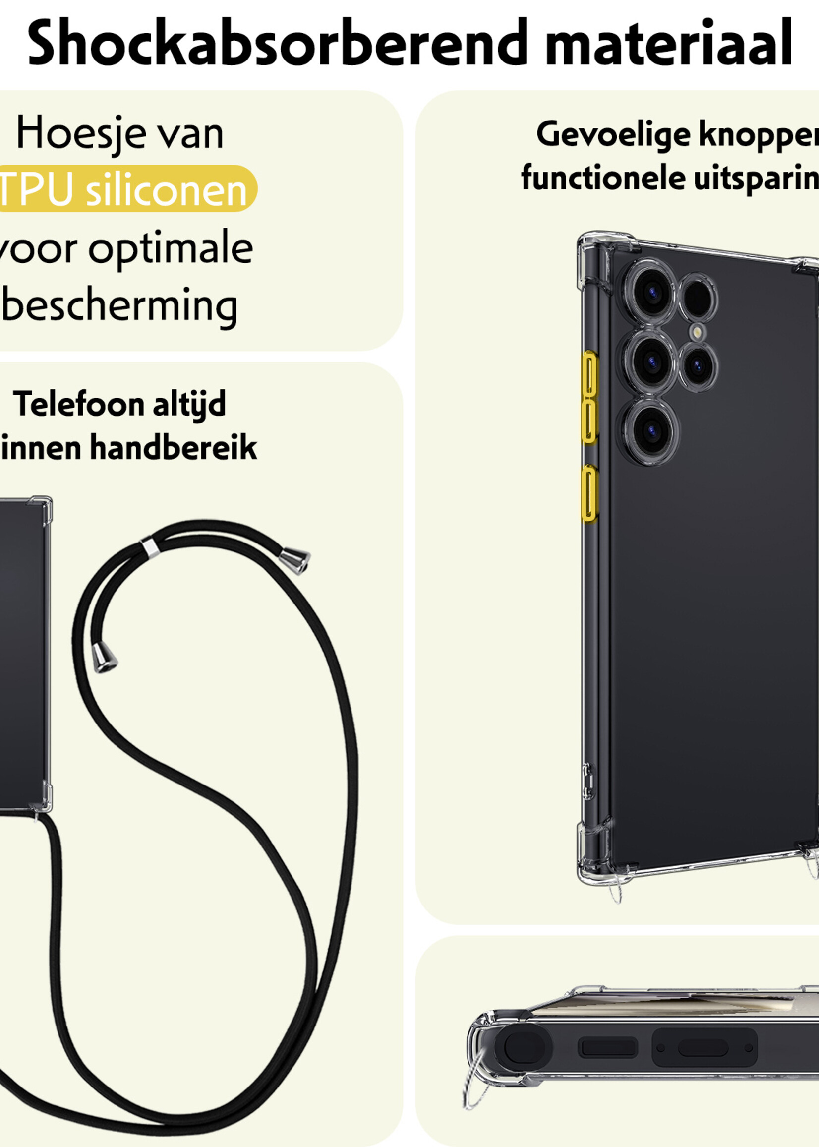 LUQ Hoesje Geschikt voor Samsung S24 Ultra Hoesje Shockproof Case Siliconen Hoes Met Koord - Transparant