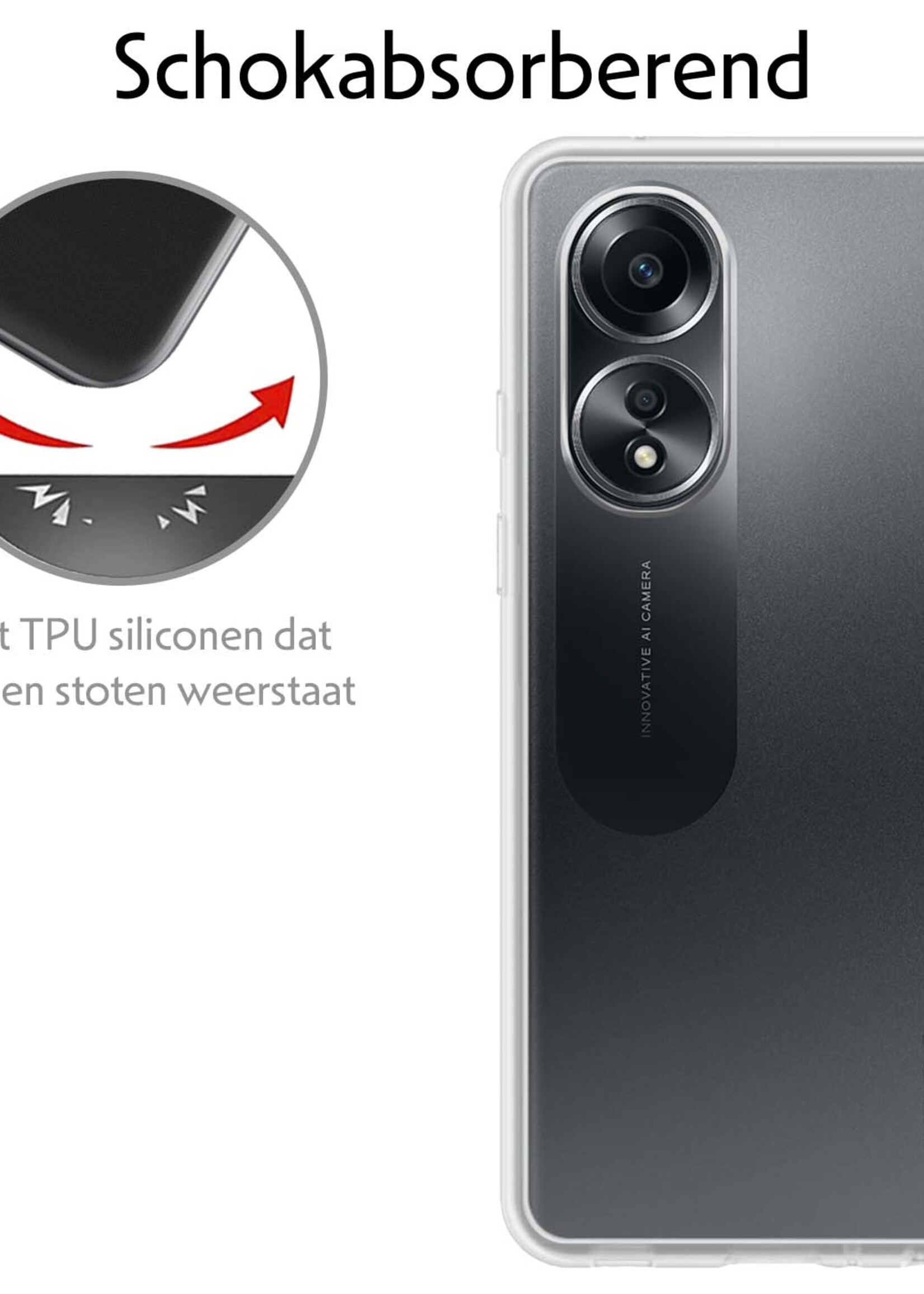LUQ Hoesje Geschikt voor OPPO A58 Hoesje Siliconen Case Met Screenprotector - Hoes Geschikt voor OPPO A58 Hoes Siliconen - Transparant