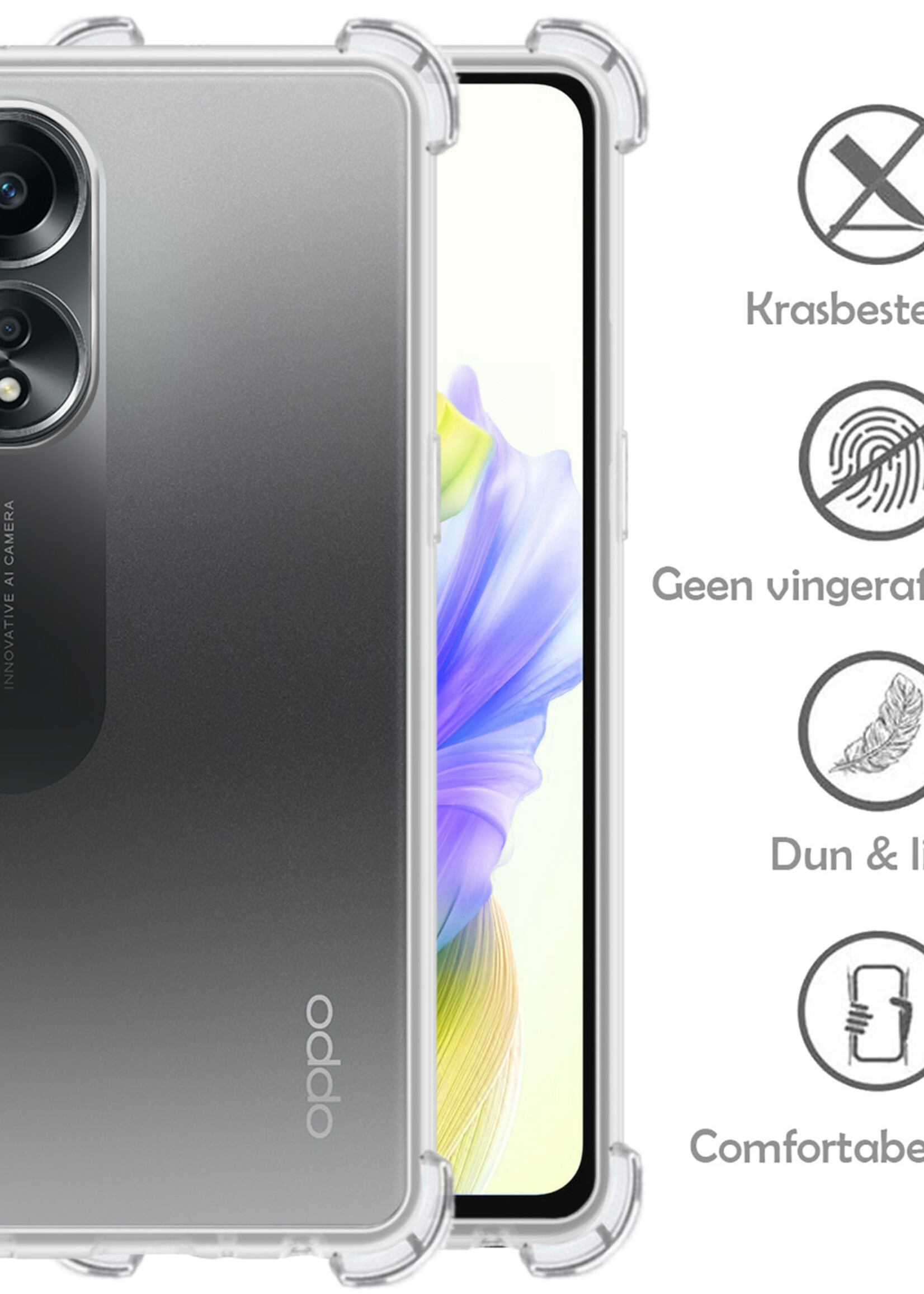 LUQ Hoesje Geschikt voor OPPO A58 Hoesje Shockproof Case Siliconen Met Screenprotector - Hoes Geschikt voor OPPO A58 Hoes Cover Siliconen - Transparant