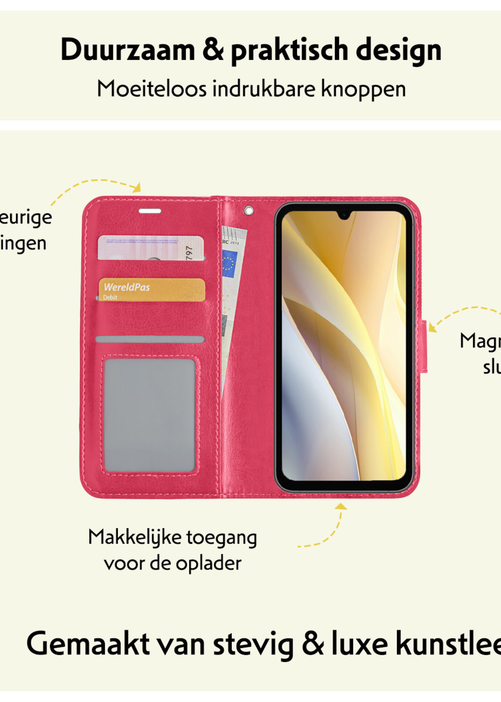 LUQ Hoesje Geschikt voor Samsung A15 Hoesje Book Case Hoes Wallet Cover - Hoes Geschikt voor Samsung Galaxy A15 Hoesje Bookcase Hoes - Donkerroze