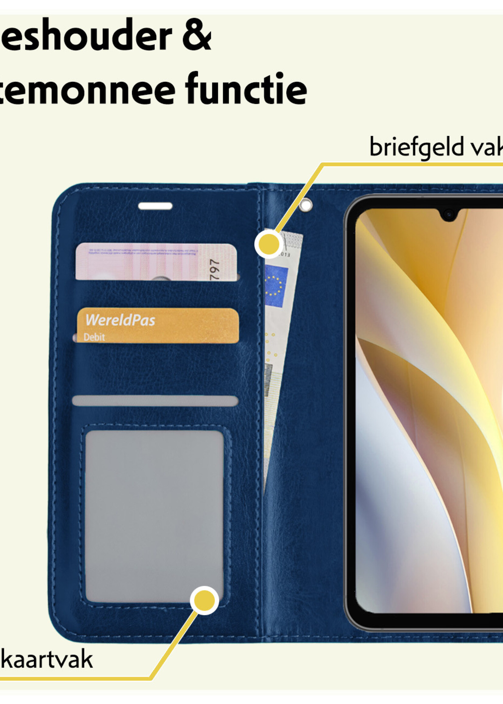 LUQ Hoesje Geschikt voor Samsung A15 Hoesje Book Case Hoes Wallet Cover Met Screenprotector - Hoes Geschikt voor Samsung Galaxy A15 Hoesje Bookcase Hoes - Donkerblauw