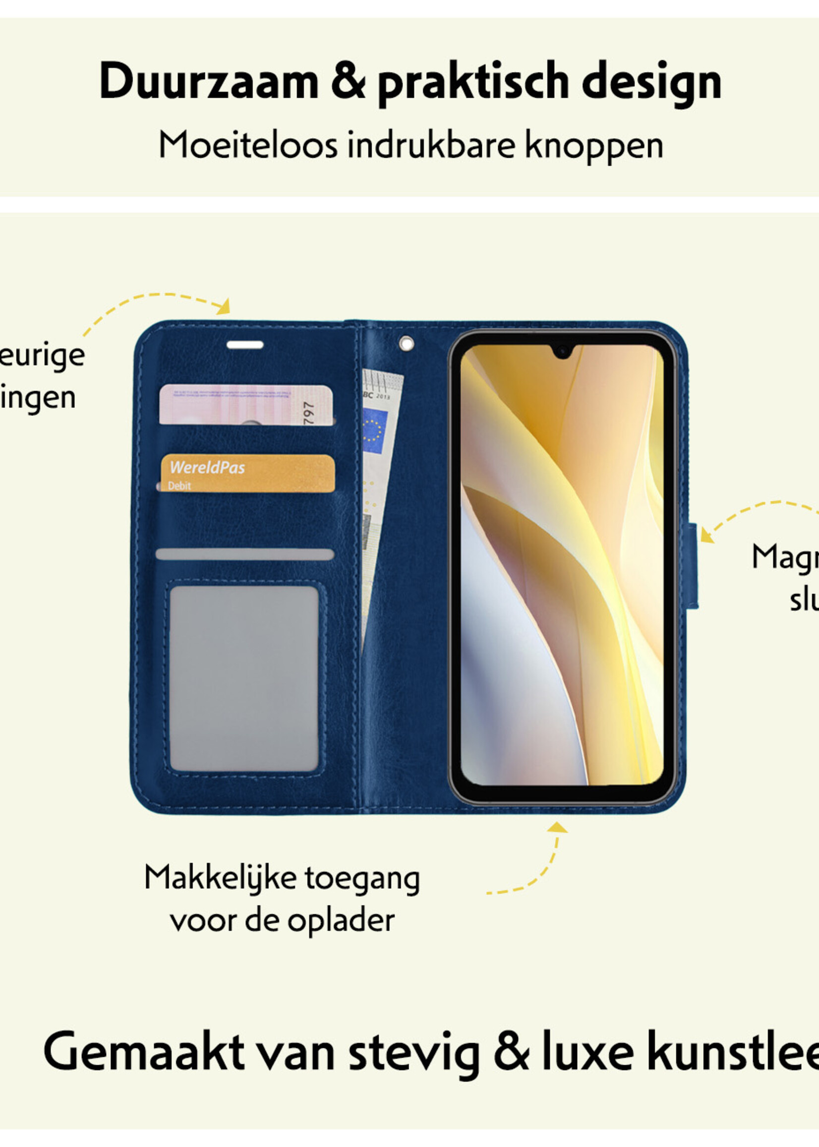 LUQ Hoesje Geschikt voor Samsung A15 Hoesje Book Case Hoes Wallet Cover Met Screenprotector - Hoes Geschikt voor Samsung Galaxy A15 Hoesje Bookcase Hoes - Donkerblauw