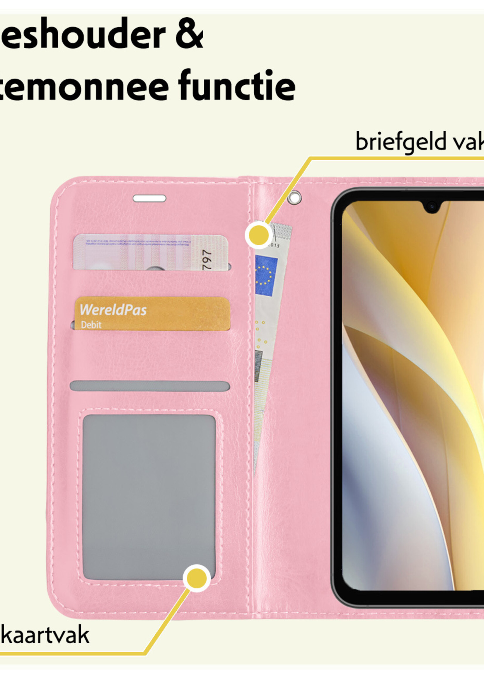 LUQ Hoesje Geschikt voor Samsung A15 Hoesje Book Case Hoes Wallet Cover Met Screenprotector - Hoes Geschikt voor Samsung Galaxy A15 Hoesje Bookcase Hoes - Lichtroze