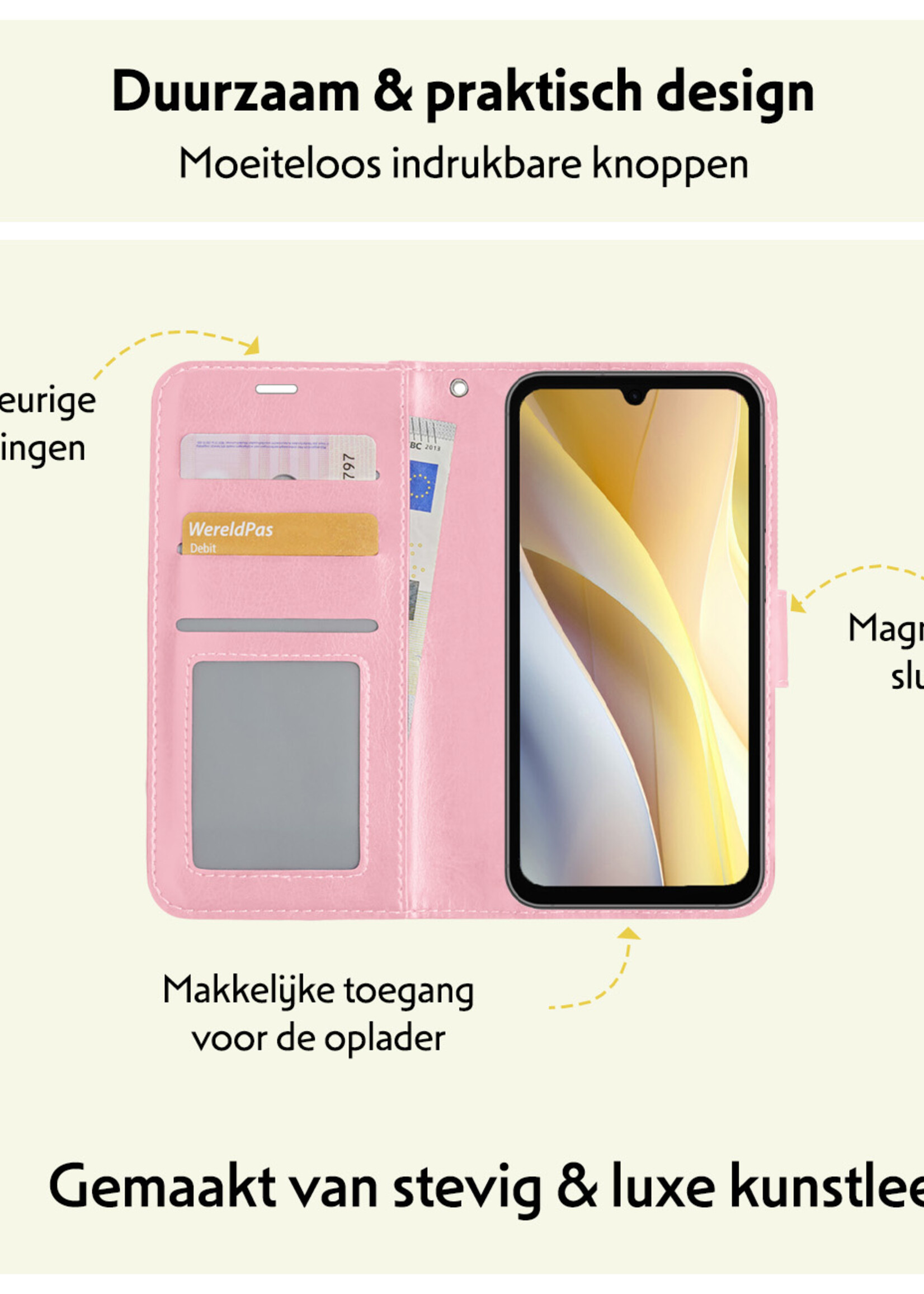 LUQ Hoesje Geschikt voor Samsung A15 Hoesje Book Case Hoes Wallet Cover Met Screenprotector - Hoes Geschikt voor Samsung Galaxy A15 Hoesje Bookcase Hoes - Lichtroze