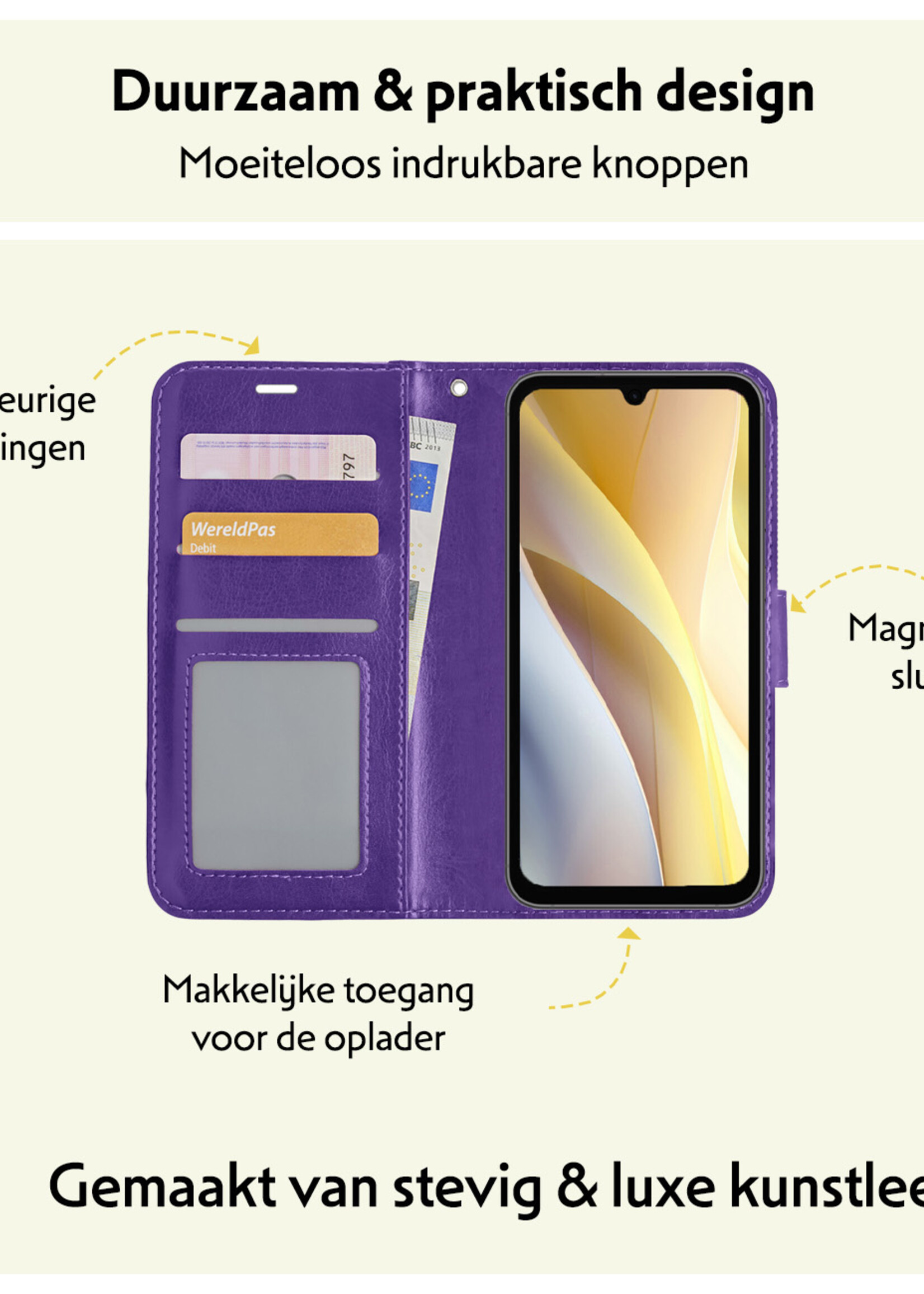 LUQ Hoesje Geschikt voor Samsung A15 Hoesje Book Case Hoes Wallet Cover Met Screenprotector - Hoes Geschikt voor Samsung Galaxy A15 Hoesje Bookcase Hoes - Paars