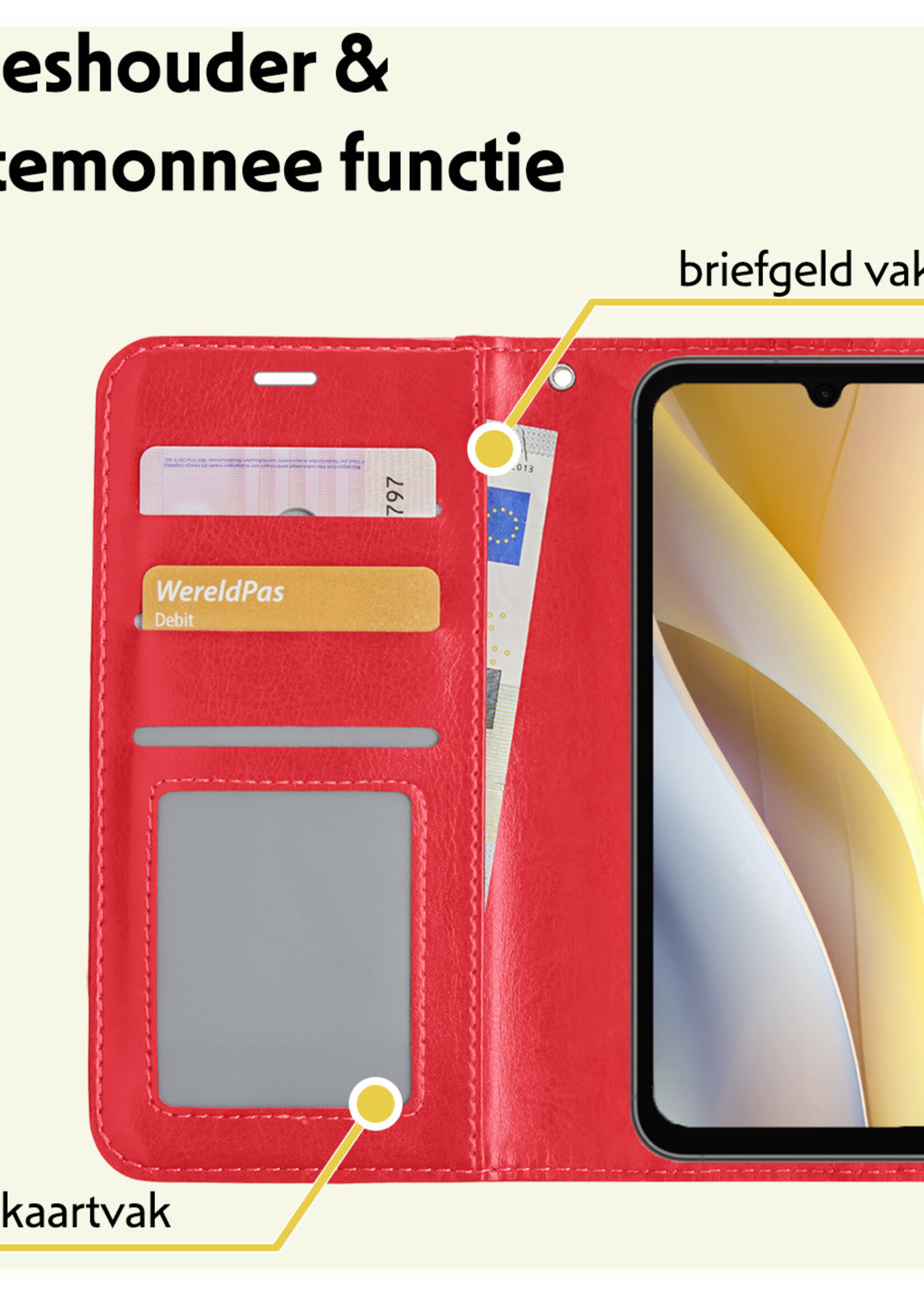 LUQ Hoesje Geschikt voor Samsung A15 Hoesje Book Case Hoes Wallet Cover Met Screenprotector - Hoes Geschikt voor Samsung Galaxy A15 Hoesje Bookcase Hoes - Rood