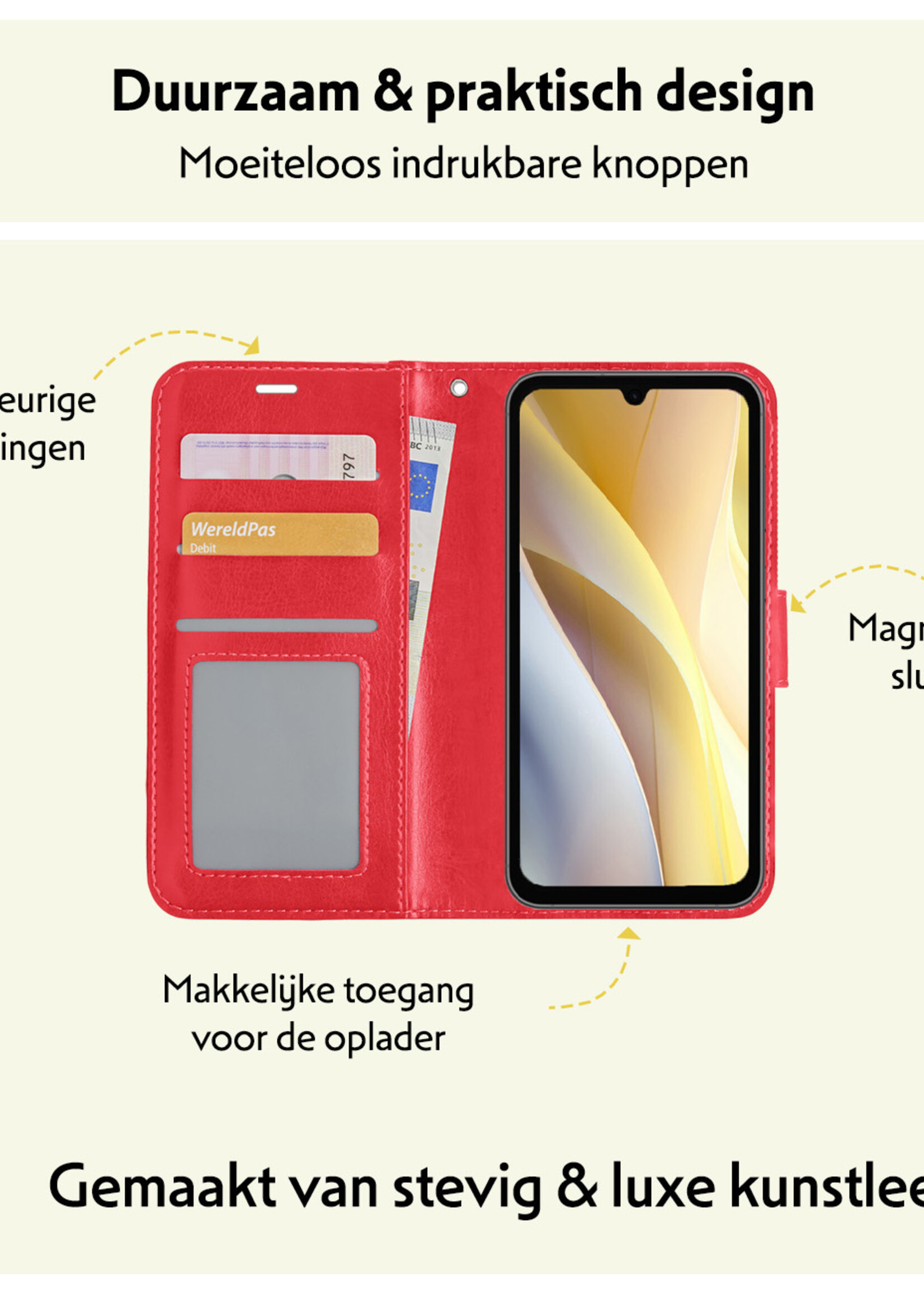 LUQ Hoesje Geschikt voor Samsung A15 Hoesje Book Case Hoes Wallet Cover Met Screenprotector - Hoes Geschikt voor Samsung Galaxy A15 Hoesje Bookcase Hoes - Rood