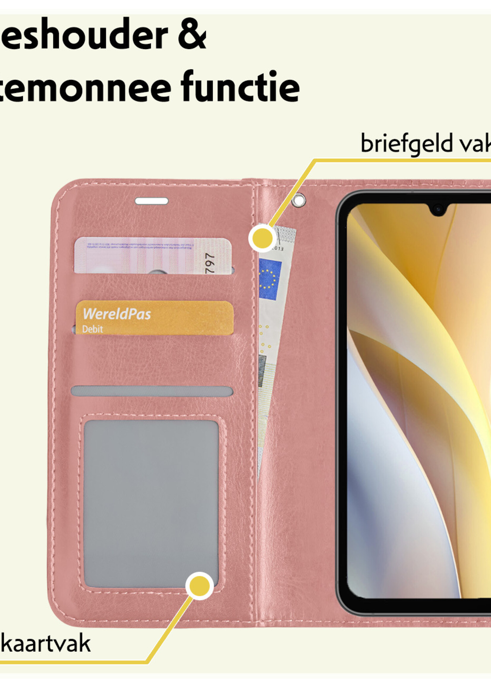 LUQ Hoesje Geschikt voor Samsung A15 Hoesje Book Case Hoes Wallet Cover Met Screenprotector - Hoes Geschikt voor Samsung Galaxy A15 Hoesje Bookcase Hoes - Rosé goud