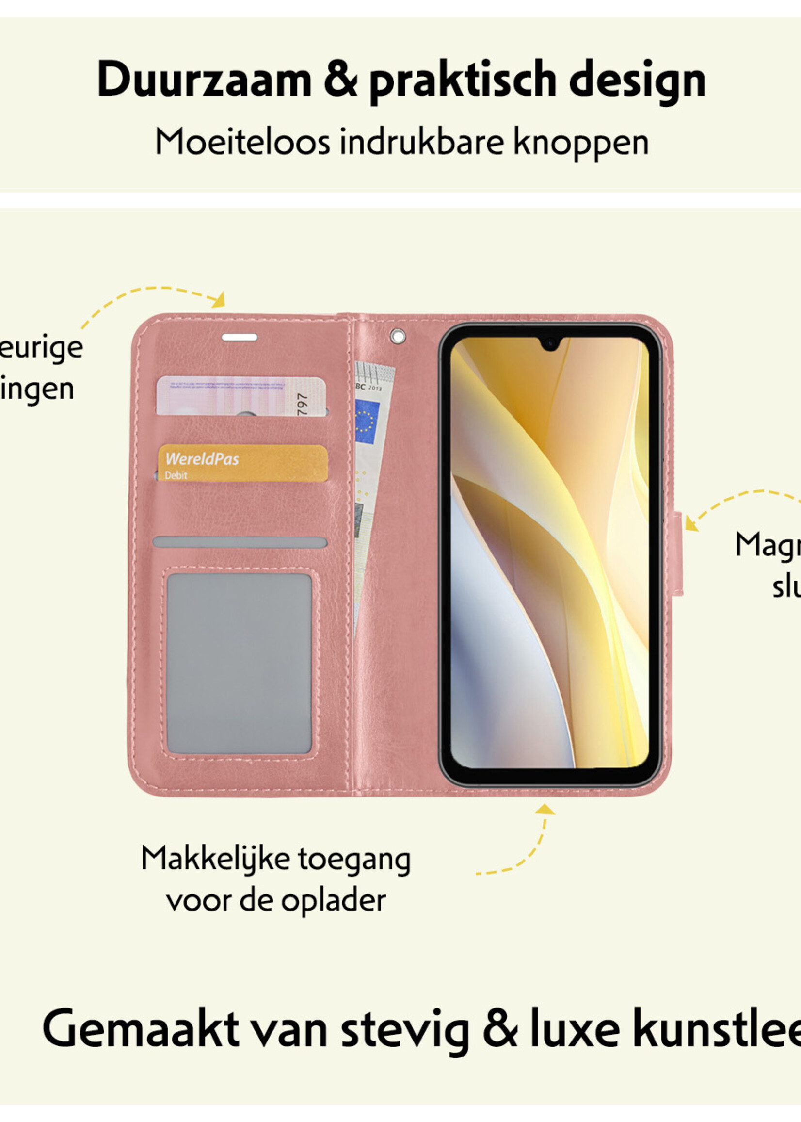 LUQ Hoesje Geschikt voor Samsung A15 Hoesje Book Case Hoes Wallet Cover Met Screenprotector - Hoes Geschikt voor Samsung Galaxy A15 Hoesje Bookcase Hoes - Rosé goud